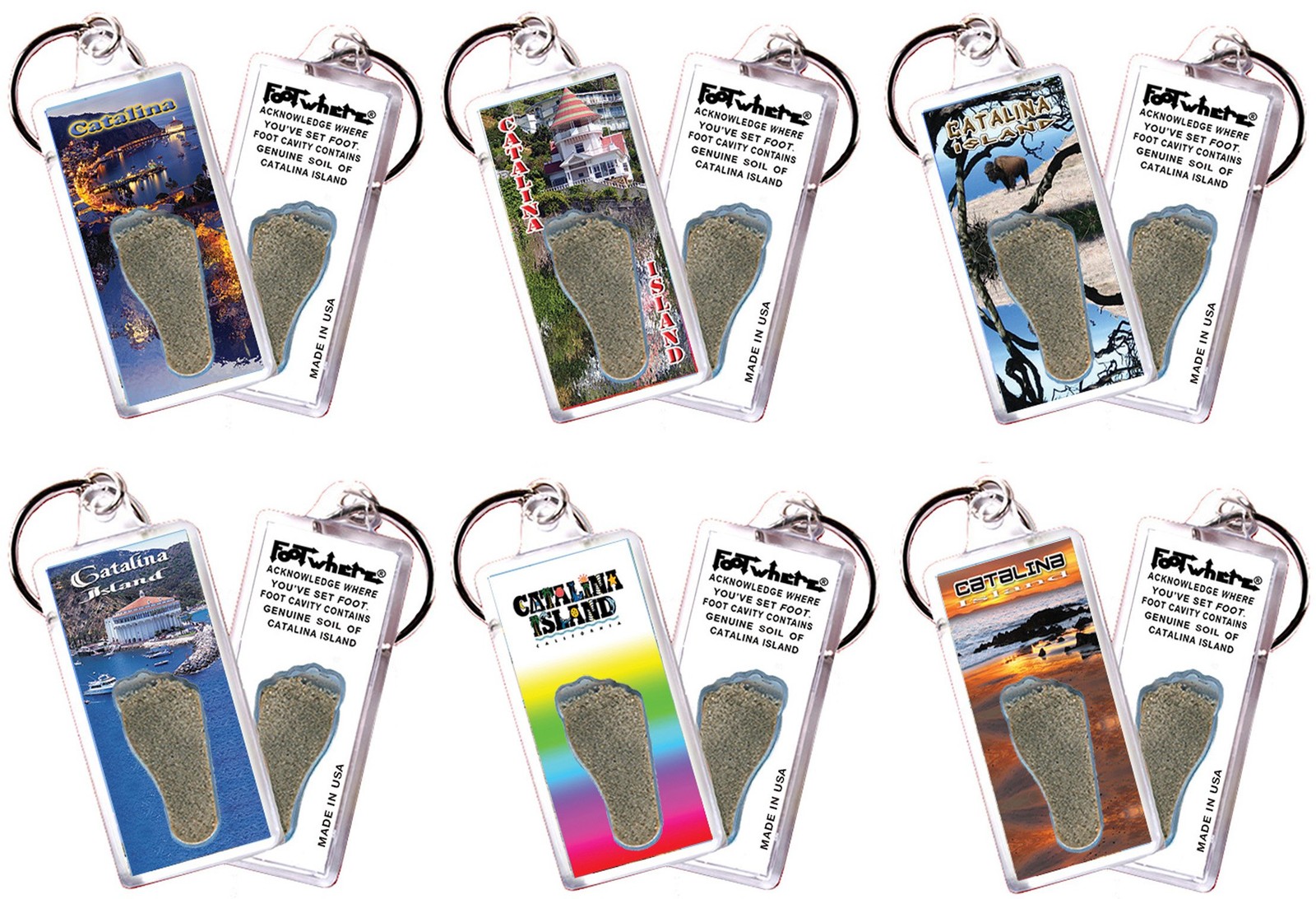 FootWhere Catalina Island Souvenir Keychains. 6 Piece Set. Made in USA