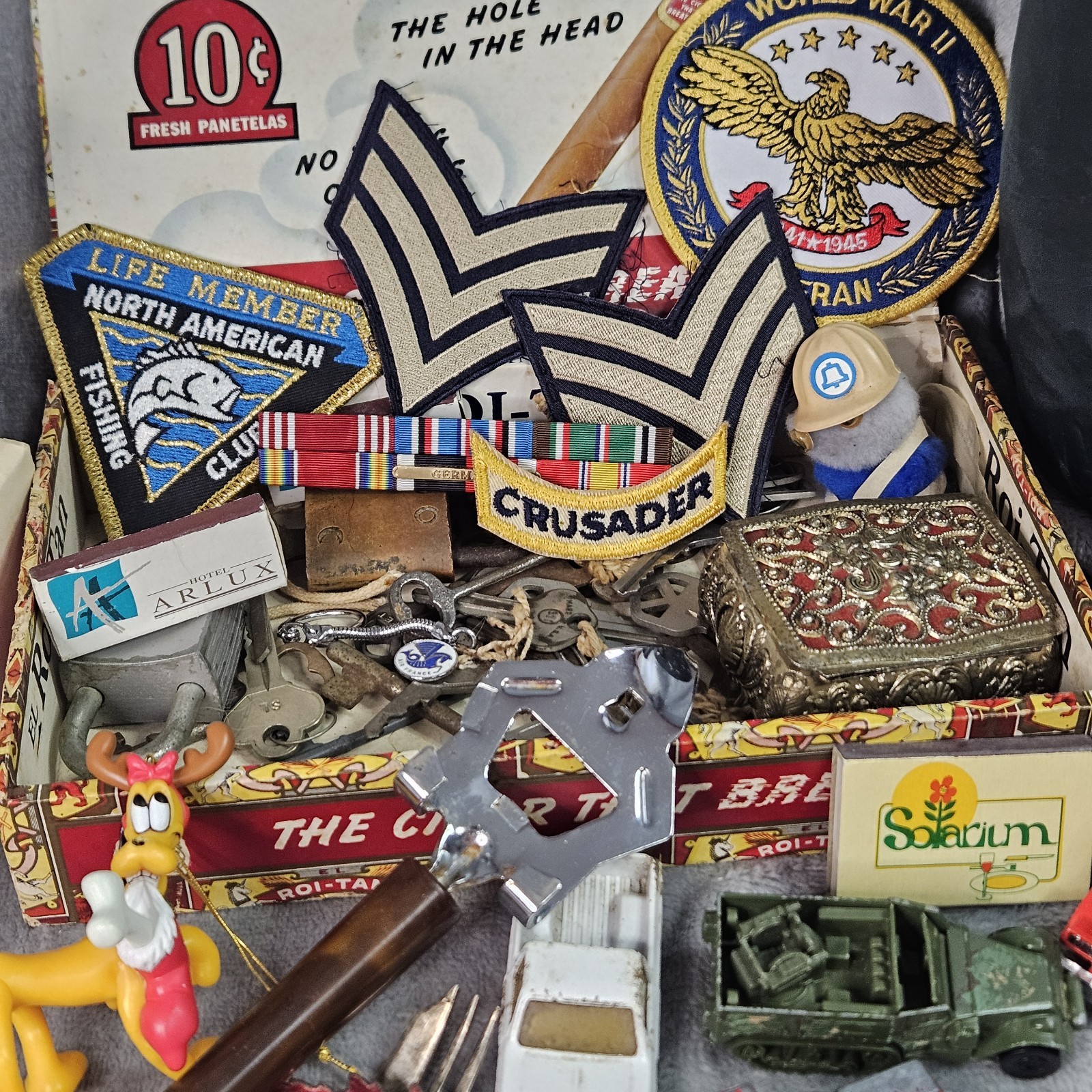 Huge VTG Junk Drawer Lot Skeleton Keys Cigar Box Bakelite Ertl Hammock Cars More