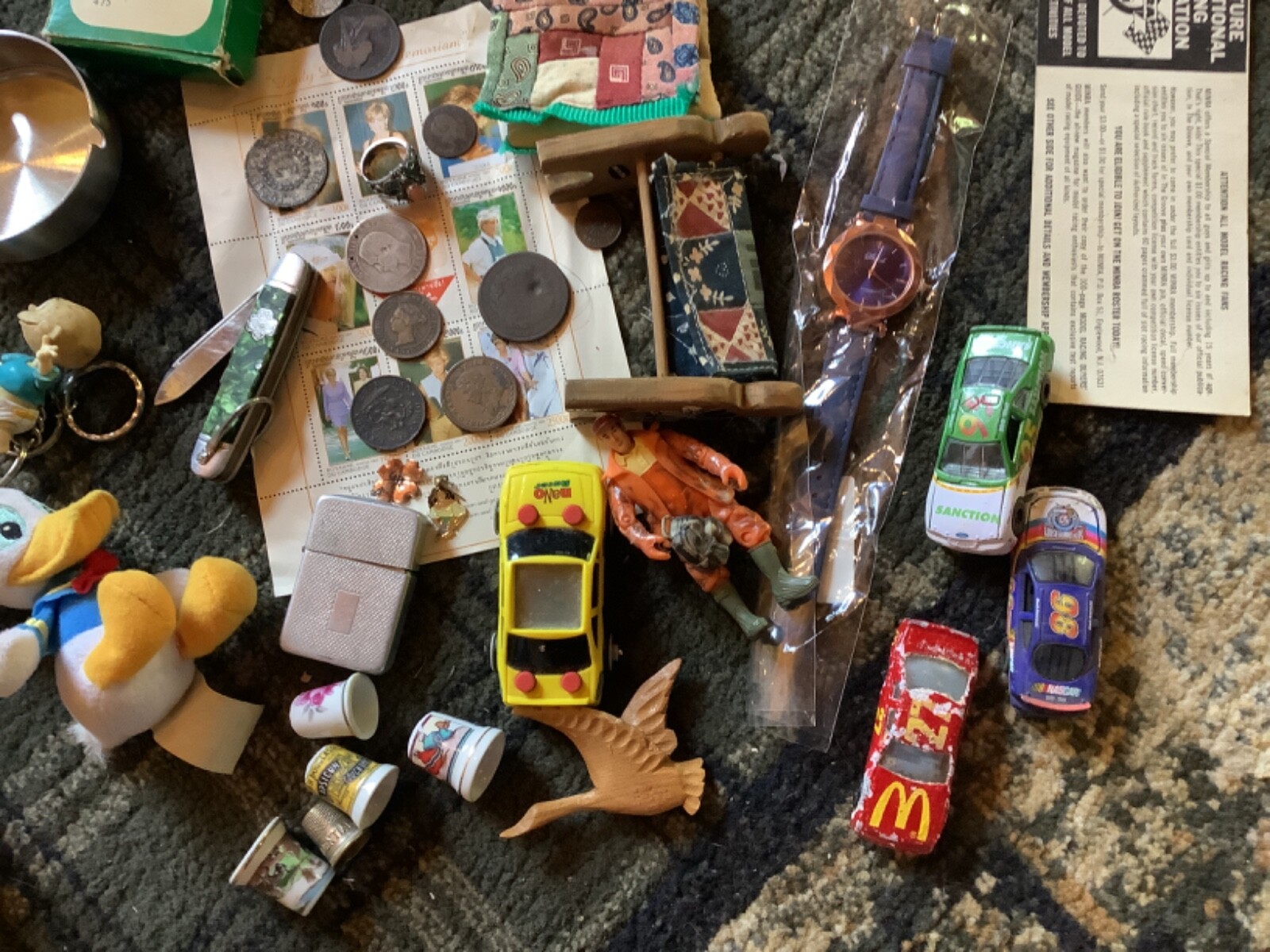 Junk drawer lot Silver coin tokens thimble knife tokens antique sports toy