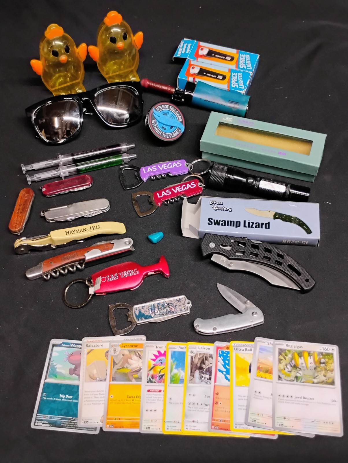 Collectible Junk Drawer Lot Pokémon Hot Wheels Las Vegas Led Knife Space Lighter