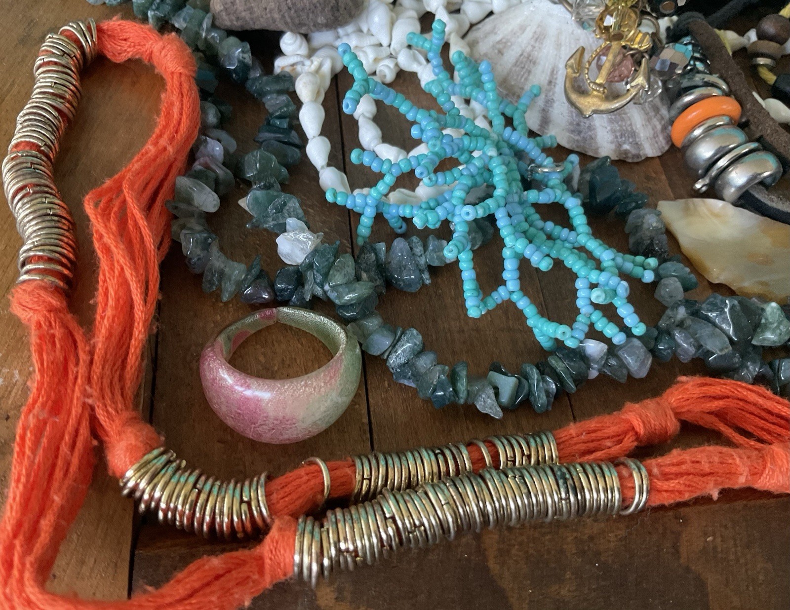 Vintage junk drawer LOT Island Caribbean Souvenirs Jewelry Doll stones coins