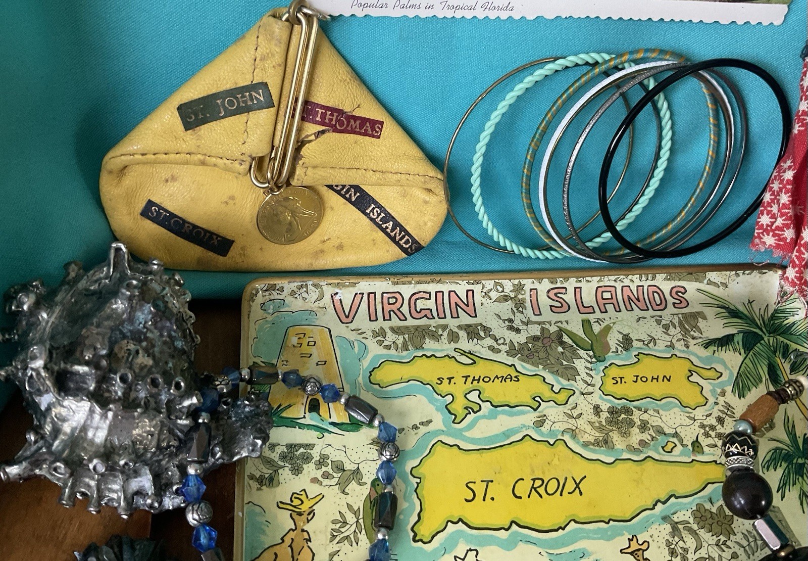 Vintage junk drawer LOT Island Caribbean Souvenirs Jewelry Doll stones coins