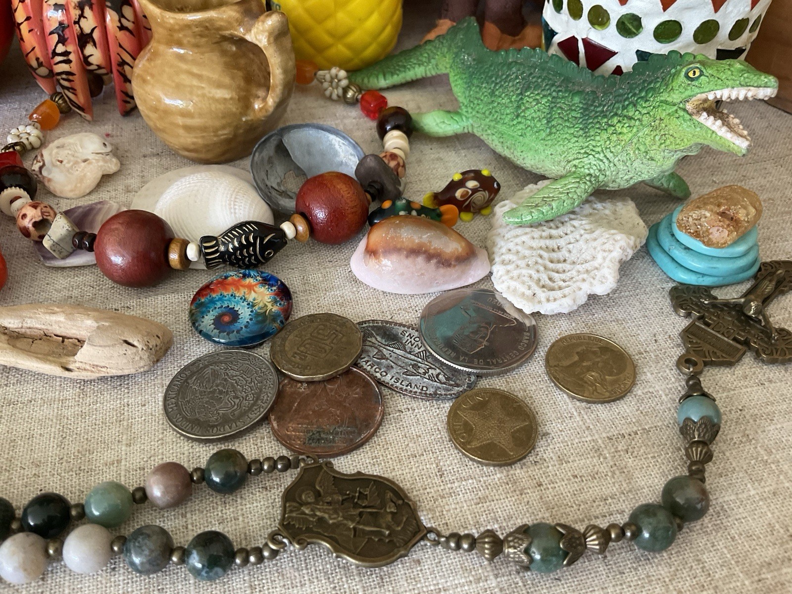Vintage junk drawer LOT Island Caribbean Souvenirs Jewelry Doll stones coins