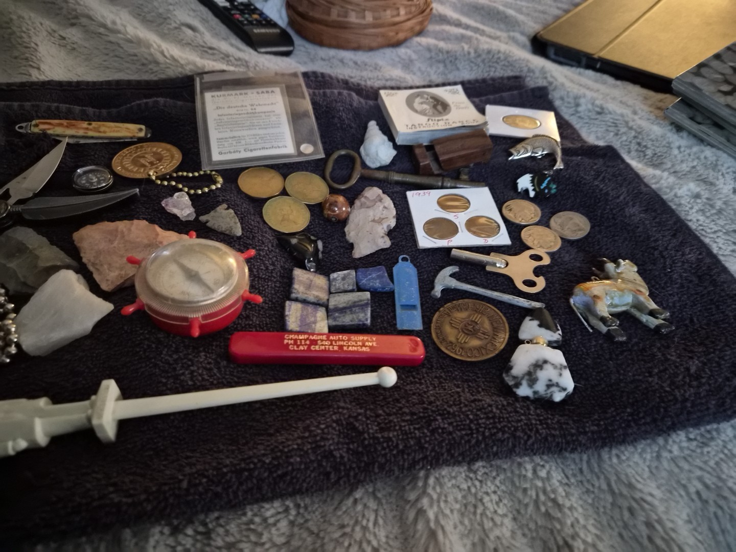 Vintage Junk Drawer – Coins, Arrowheads, Fossils, Knives Compass, & Collectibles