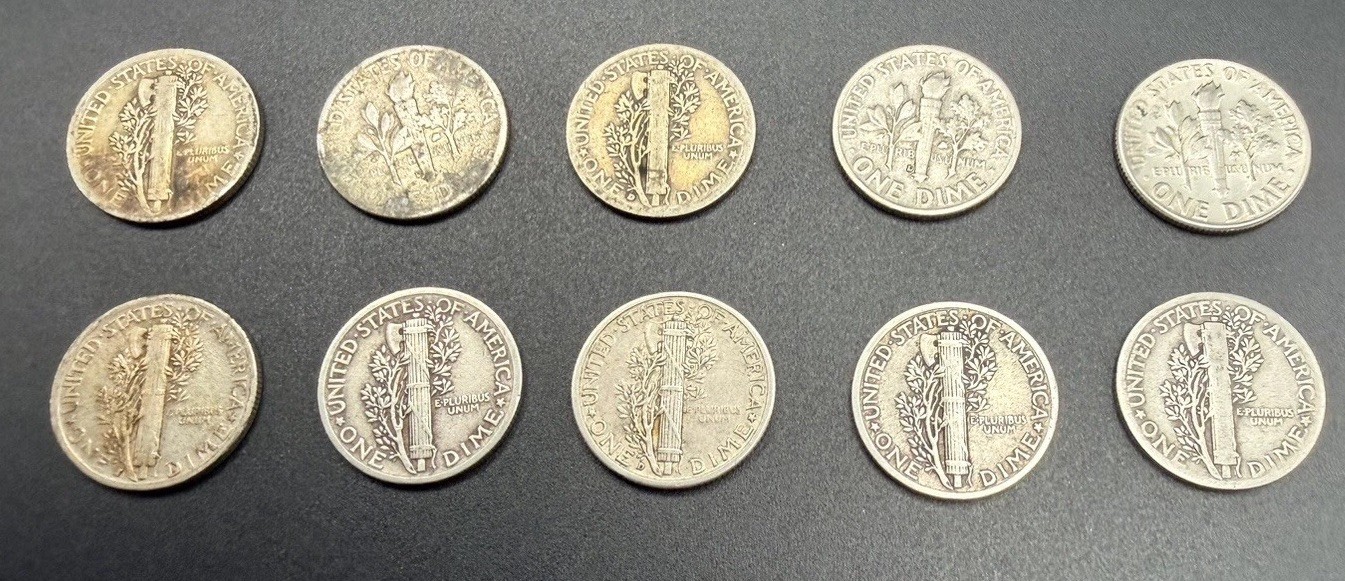 Lot of 10 US Silver Dimes – Mercury & Roosevelt (1934-1955) 90% Silver