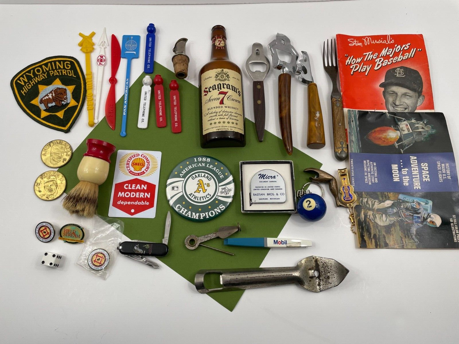 Junk Drawer Lot Vintage Leg Bottle Opener Shave Brush Oakland A’s Police Patch