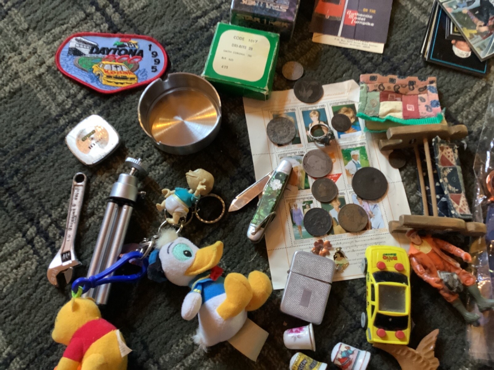 Junk drawer lot Silver coin tokens thimble knife tokens antique sports toy