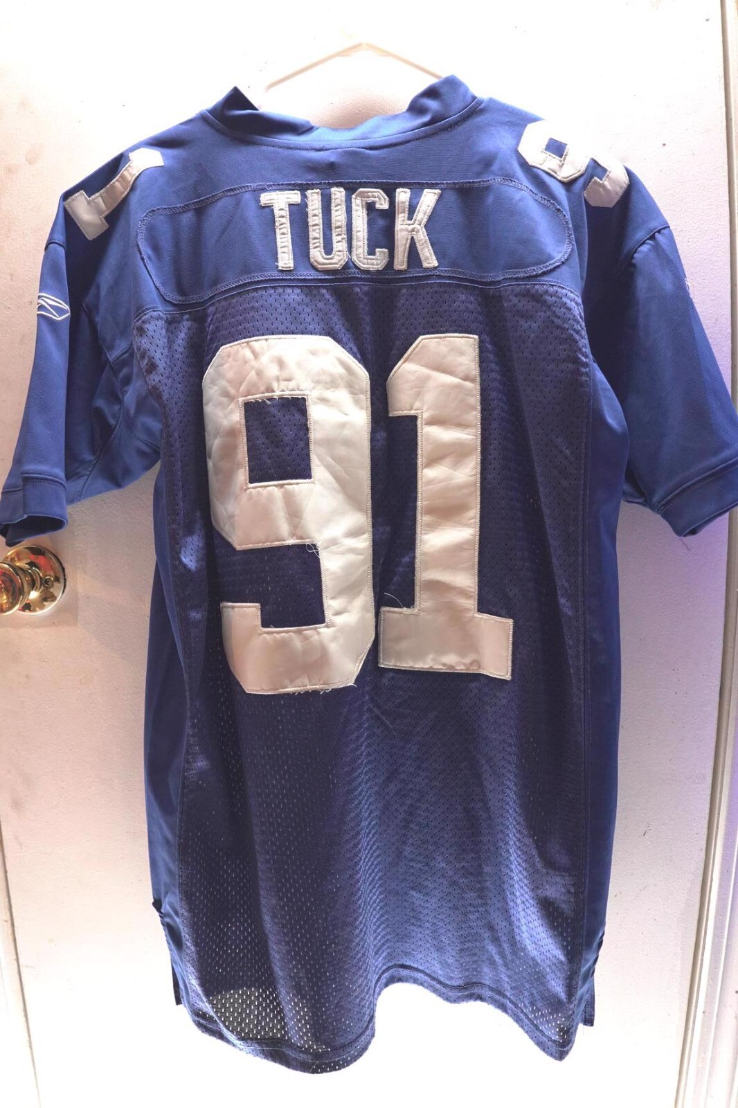 NEW YORK GIANTS # 91 JUSTIN TUCK REEBOK AUTHENTIC STITCHED VTG JERSEY MENS L