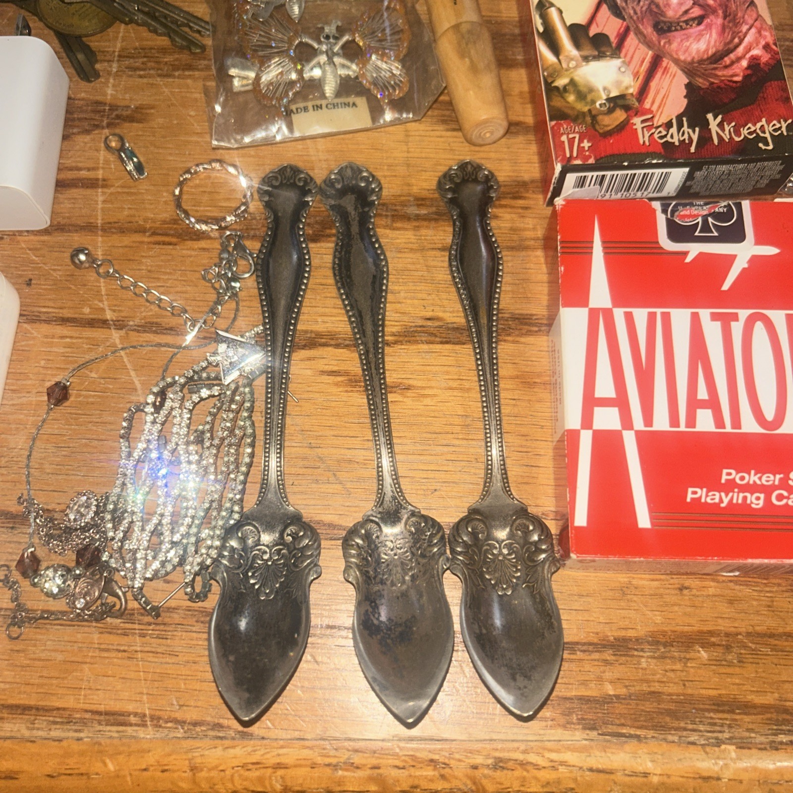 Vintage Junk Drawer Mixed Lot Stuff Jewelry Spoons Cards Umpire
