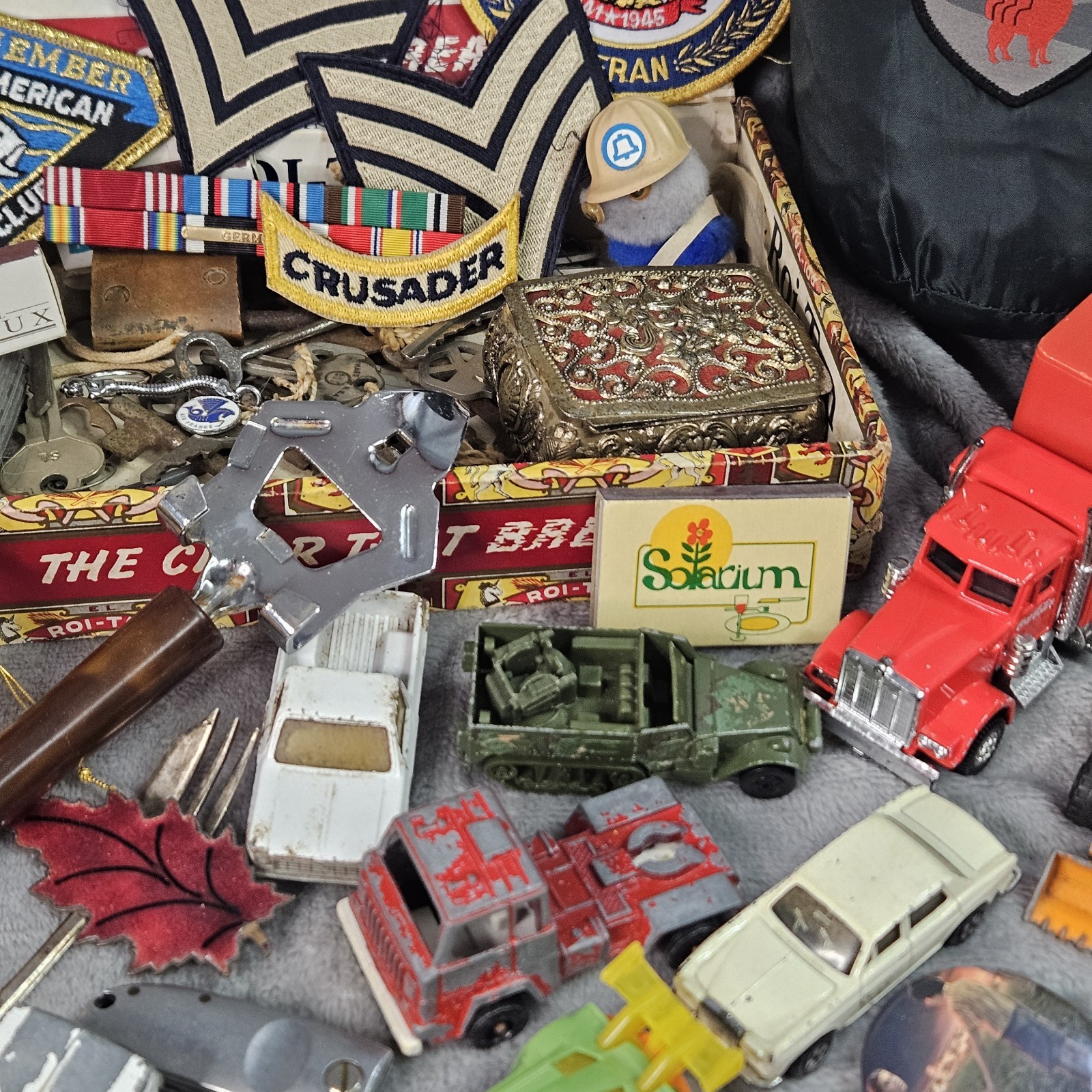 Huge VTG Junk Drawer Lot Skeleton Keys Cigar Box Bakelite Ertl Hammock Cars More