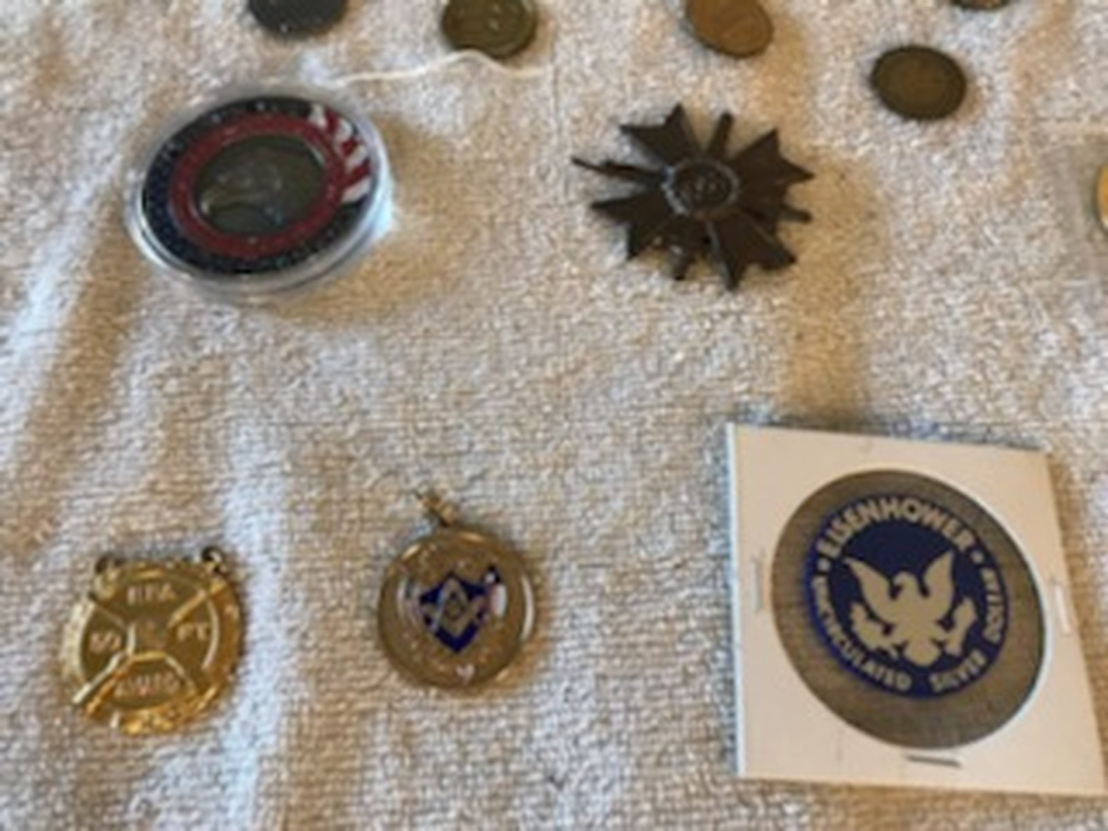 Vintage Antique Junk Drawer Lot Mixed Medals Coins Tokens Military Fraternal
