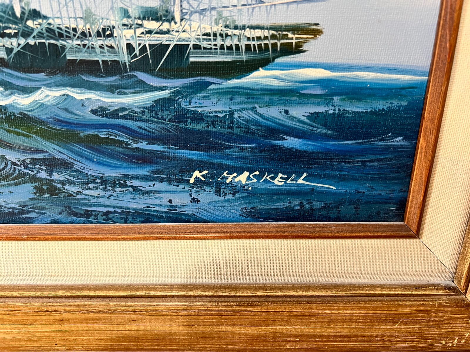 Framed K Maskell Sailing Ship Open Seas Painting 12×16