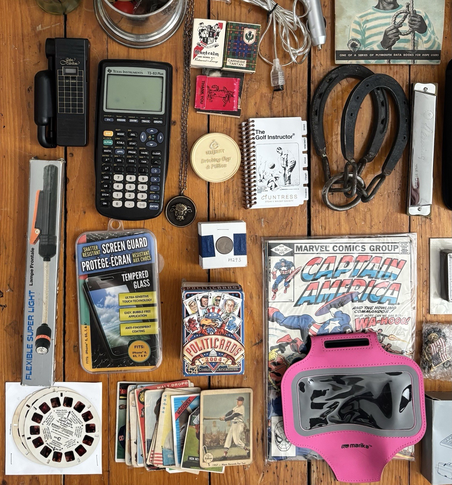 Vintage Junk Drawer Lot Collectibles Coins Cards Knives Calculator Stein & More