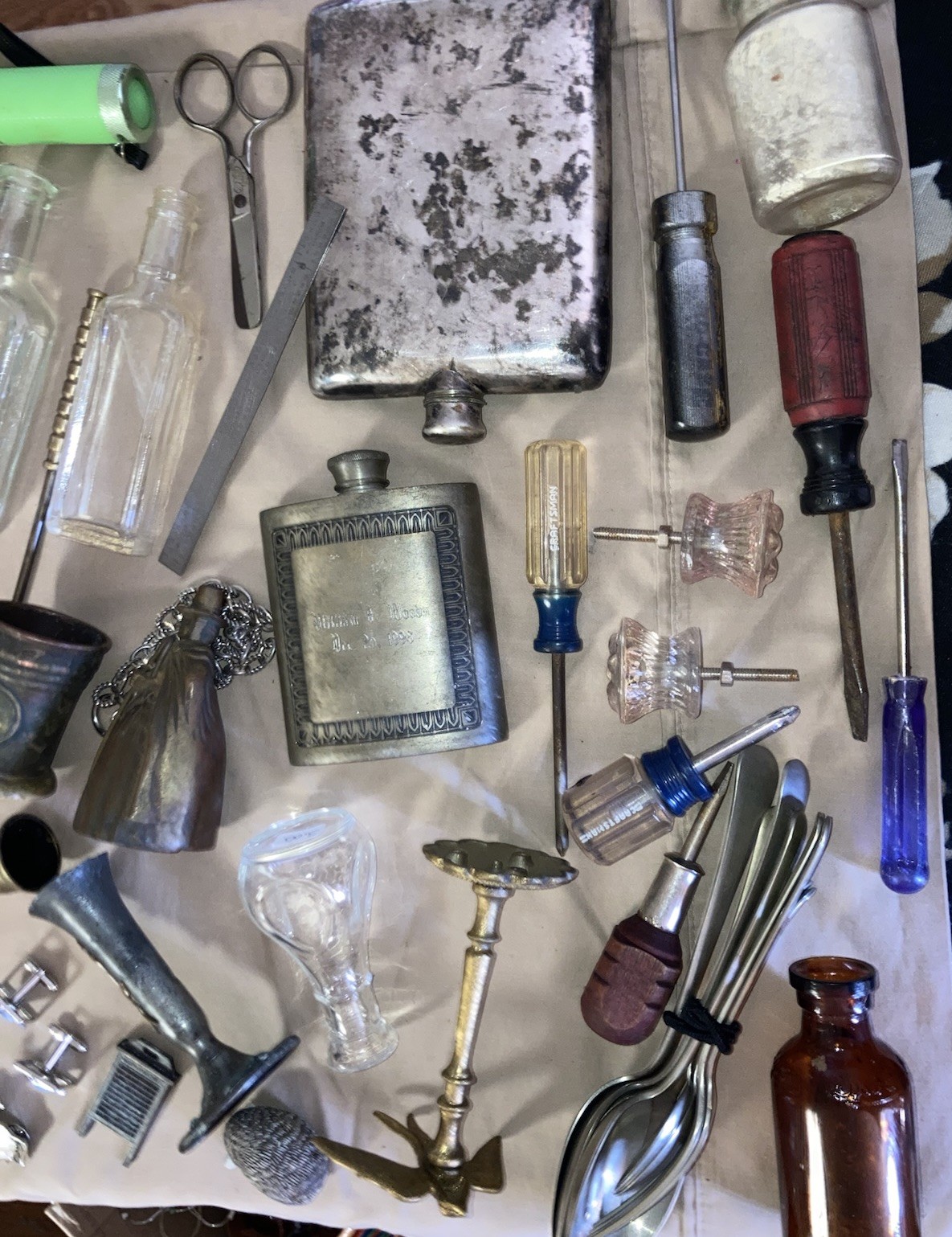 Mixed Vintage Collectibles Lot Coins Jewelry Lighters Knives Bottles Tins Brass