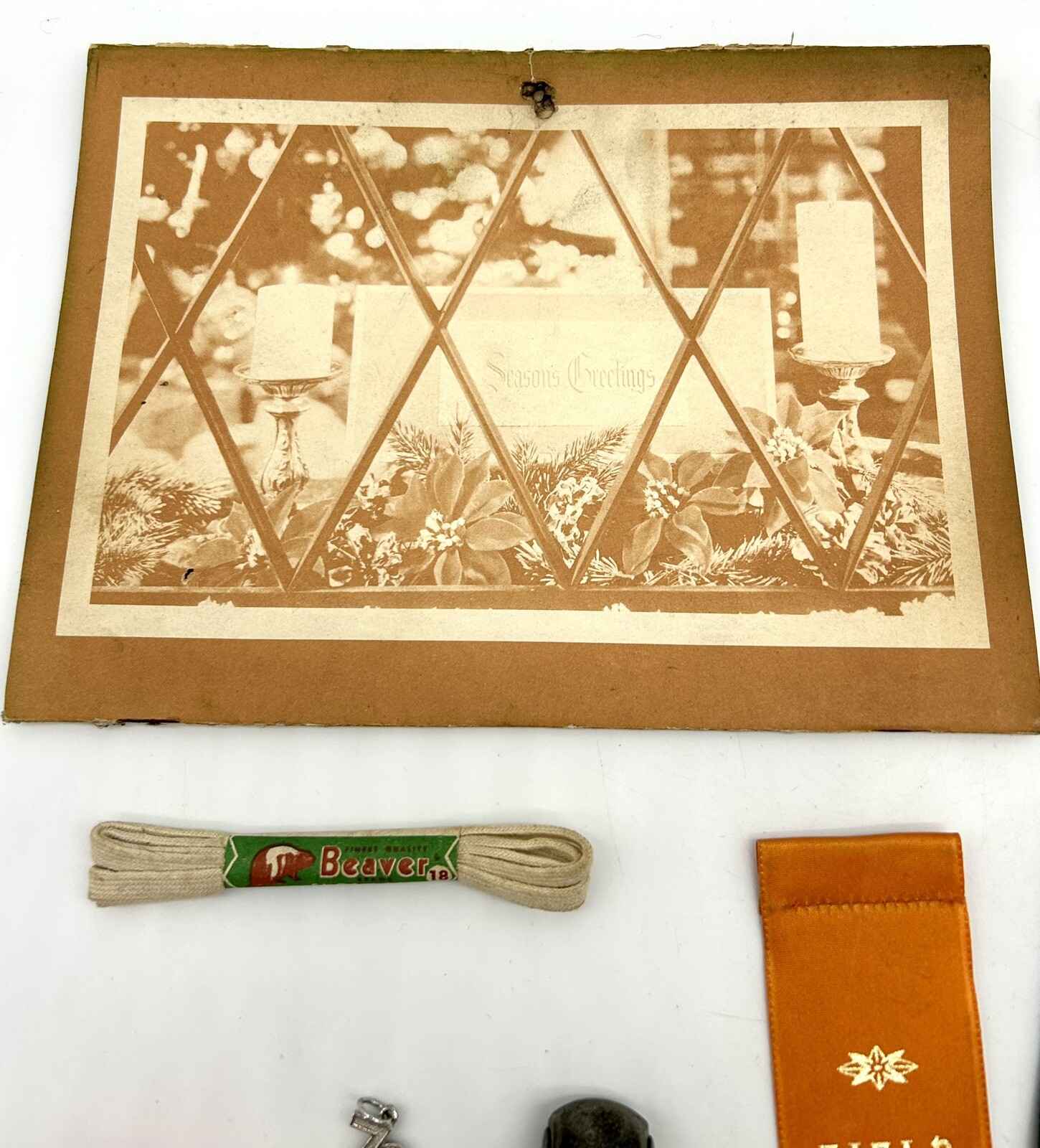 Junk Drawer Of Vintage Items Cards Ribbons Pennant Ring Hat Pin Charm