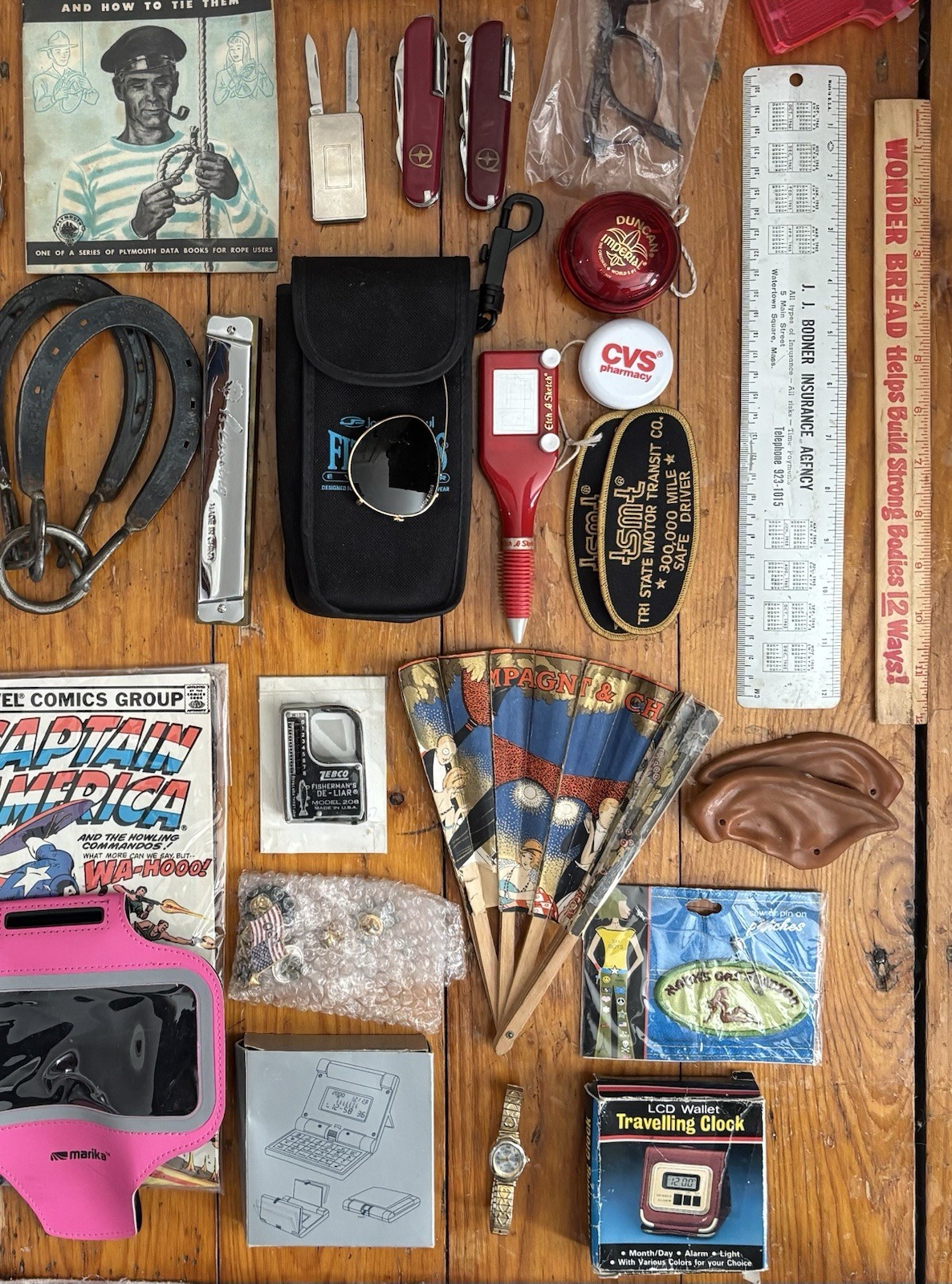 Vintage Junk Drawer Lot Collectibles Coins Cards Knives Calculator Stein & More
