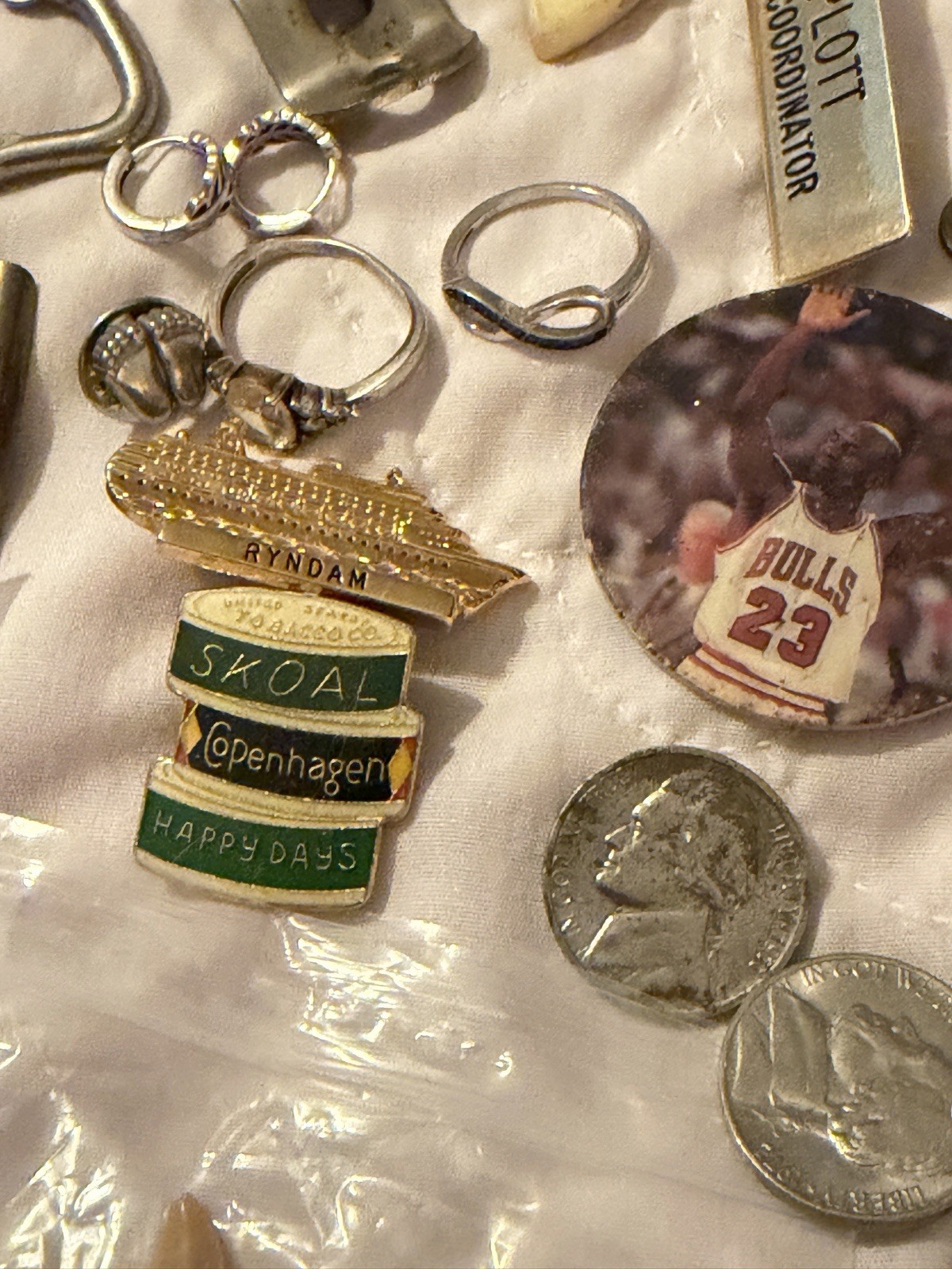 VTG Collectibles Lot: Coins, Pins, Watch, Knife, Shark teeth, junk drawer +++