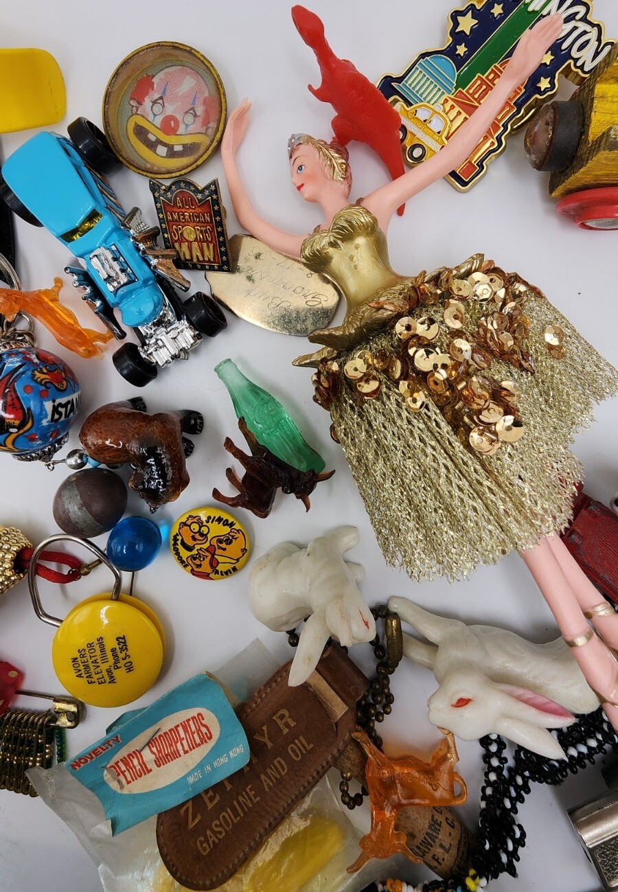 Vintage Antique Junk Drawer Lot Toys Keychain Pin Figurines Mixed Materials