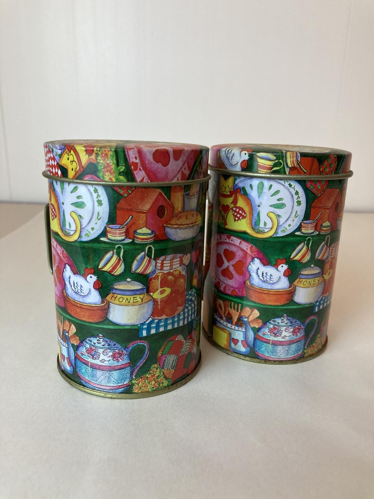 Decorative Tin Cups Mugs Kitchen Motif Made in China Pair
