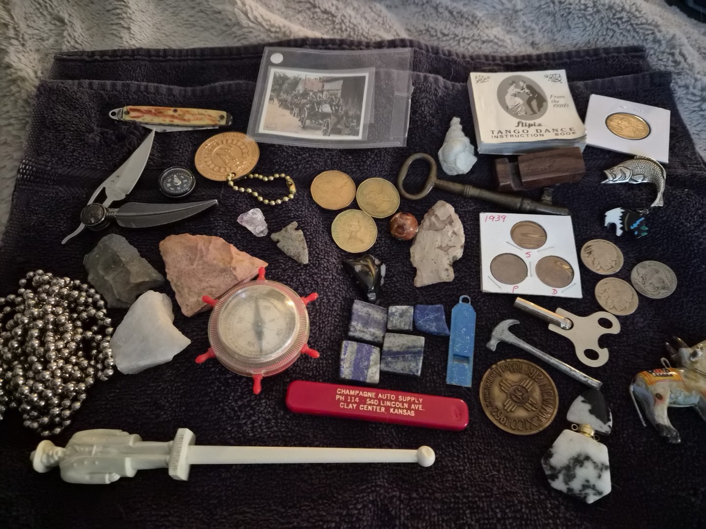 Vintage Junk Drawer – Coins, Arrowheads, Fossils, Knives Compass, & Collectibles
