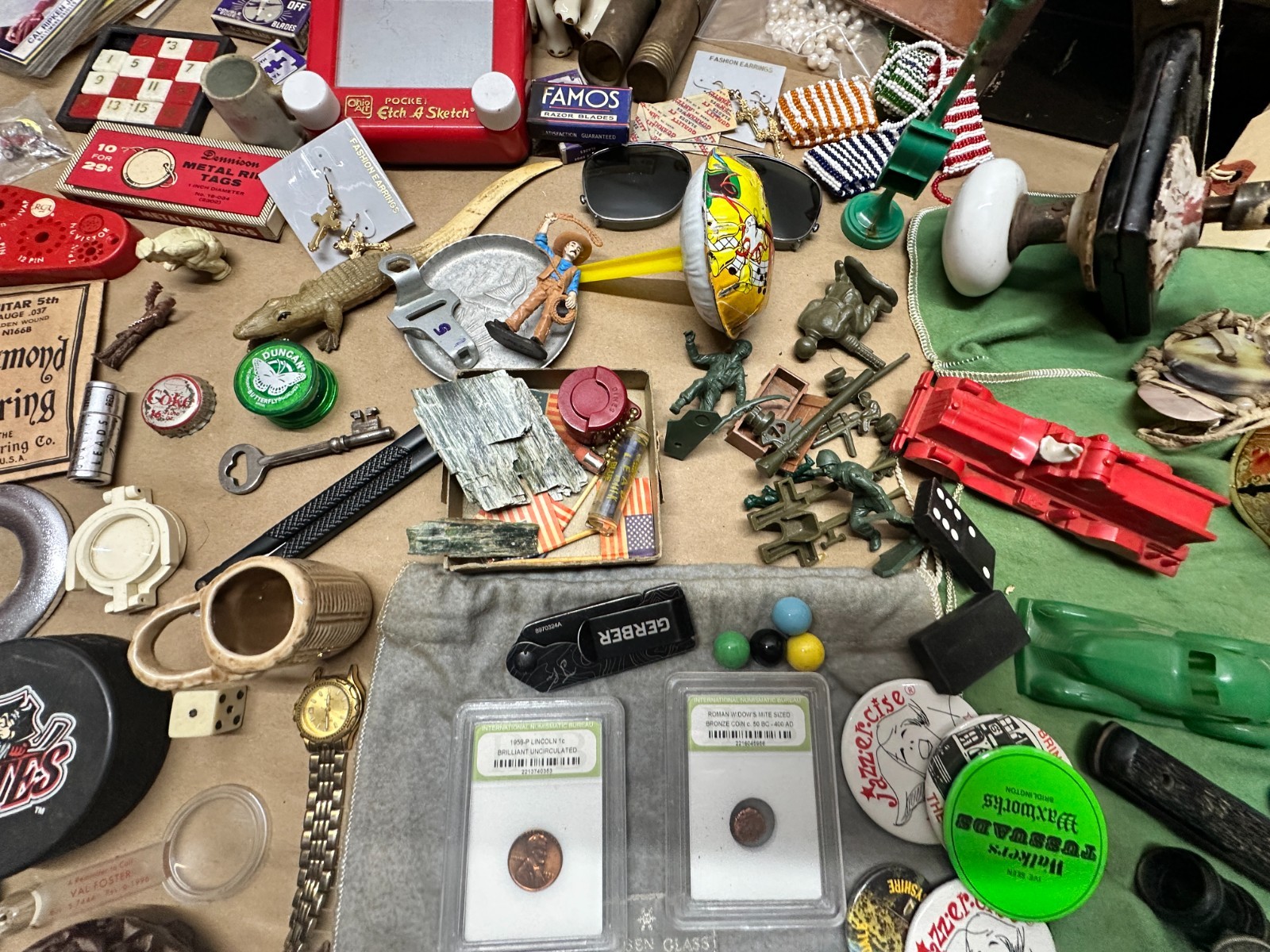 Junk Drawer Lot #4 – Random Antique Vintage Smalls – Advertising, Coins, Toys