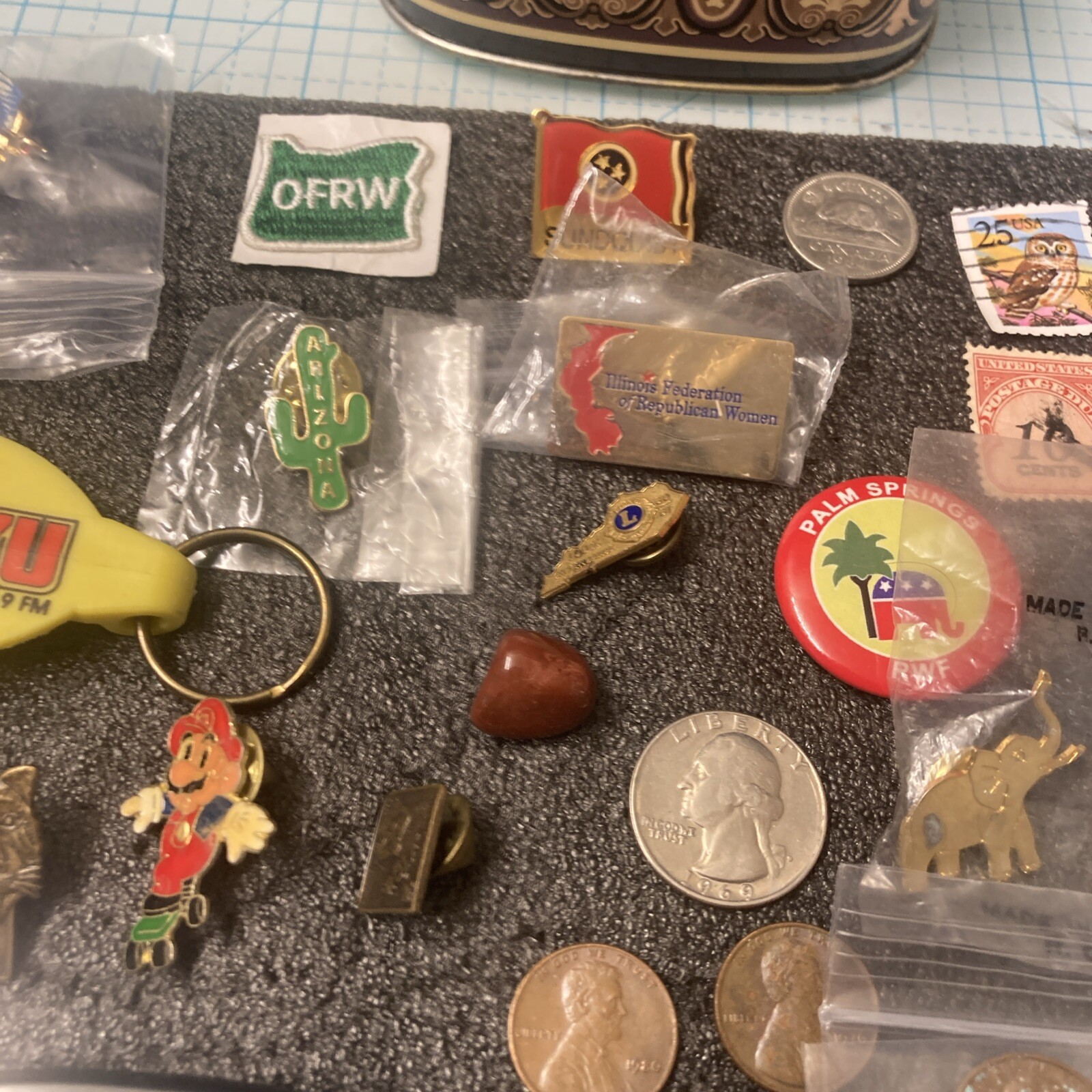 USED Mixed Vintage Tin Lot w/US Coins/US Stamps/Pins/Knife/Patch etc. NICE! LOOK
