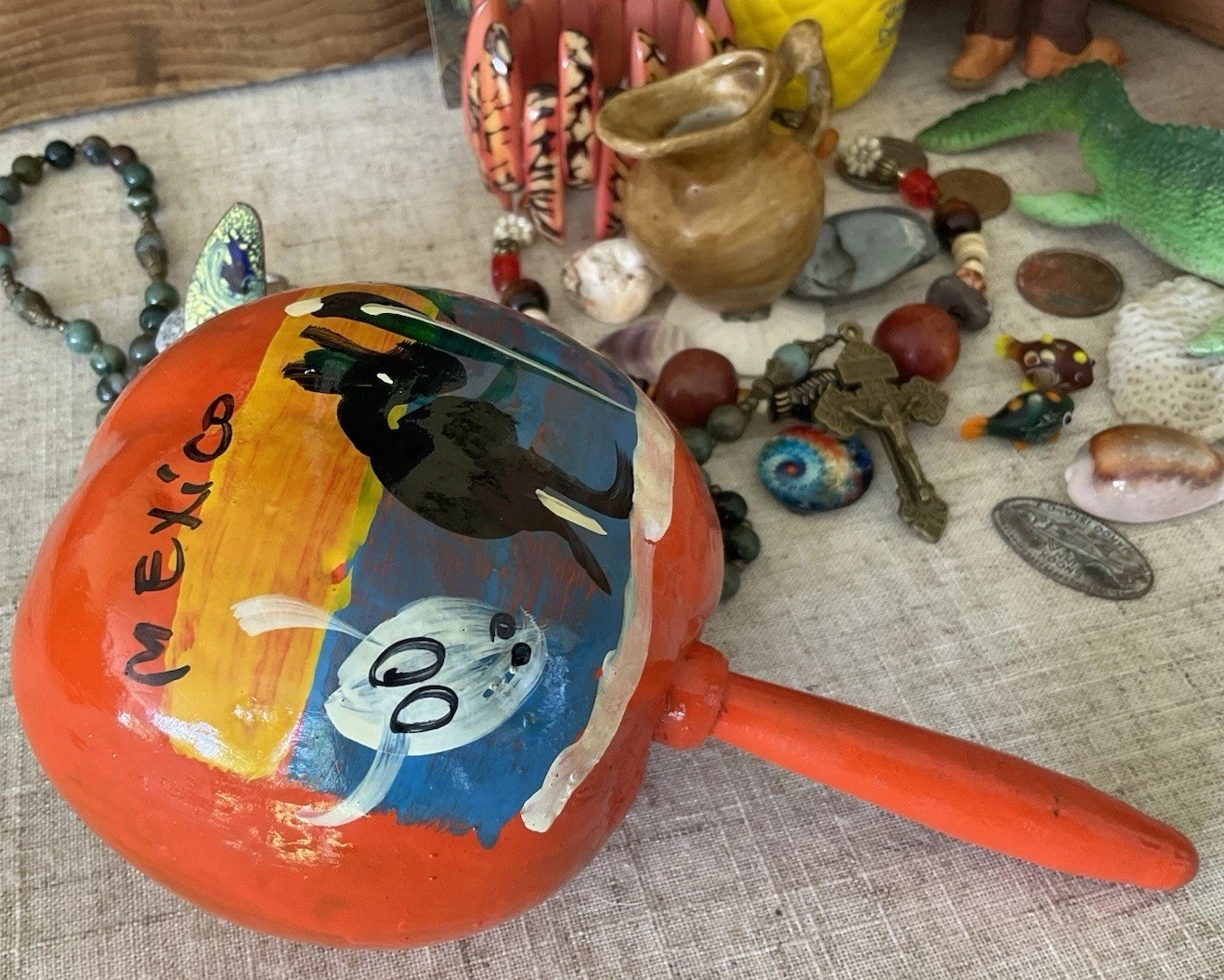 Vintage junk drawer LOT Island Caribbean Souvenirs Jewelry Doll stones coins
