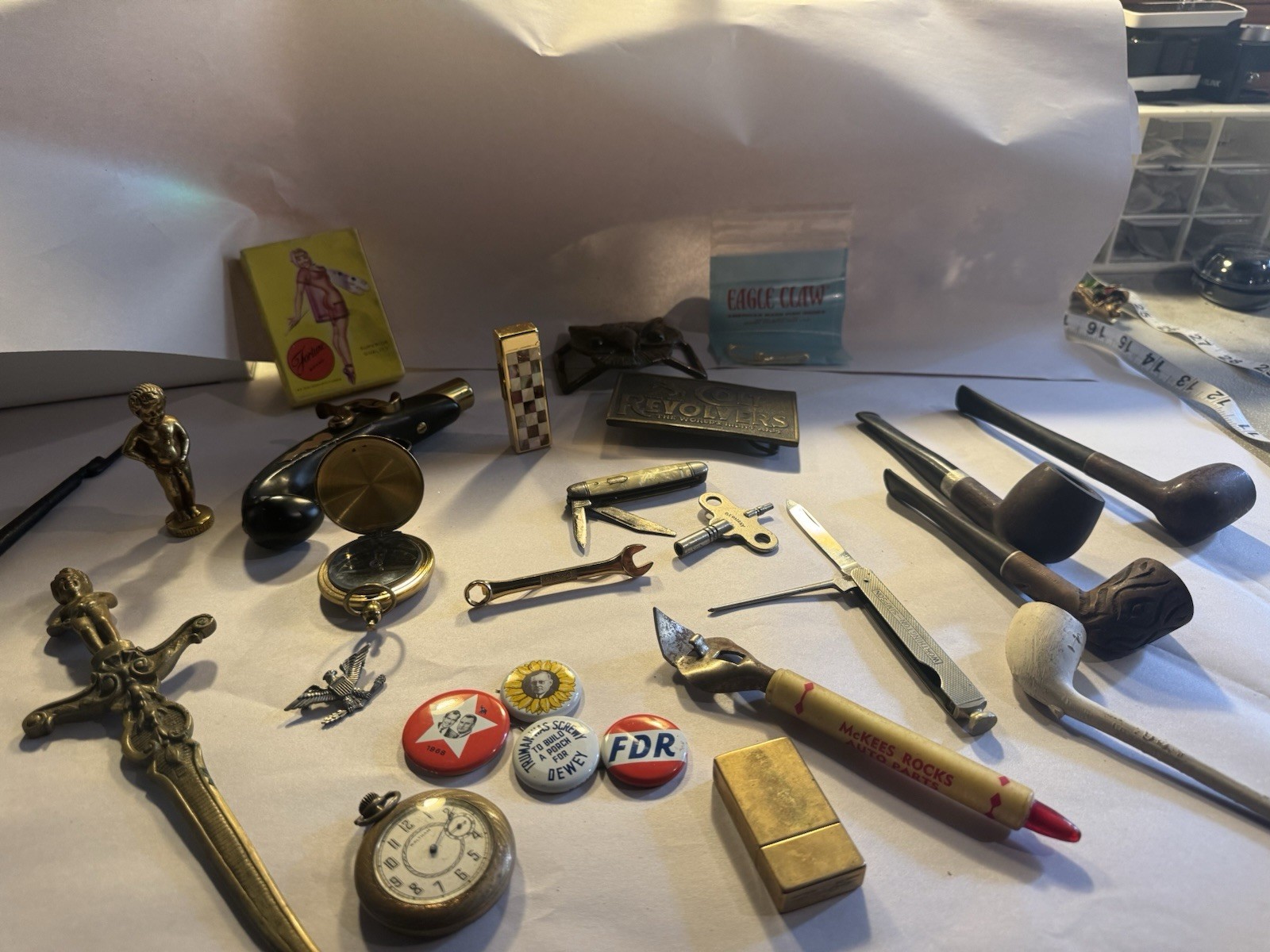 Gentleman’s 24 Pc Lot VTG WW2 Collectibles Pipes Knives Waltham Lighter & More!