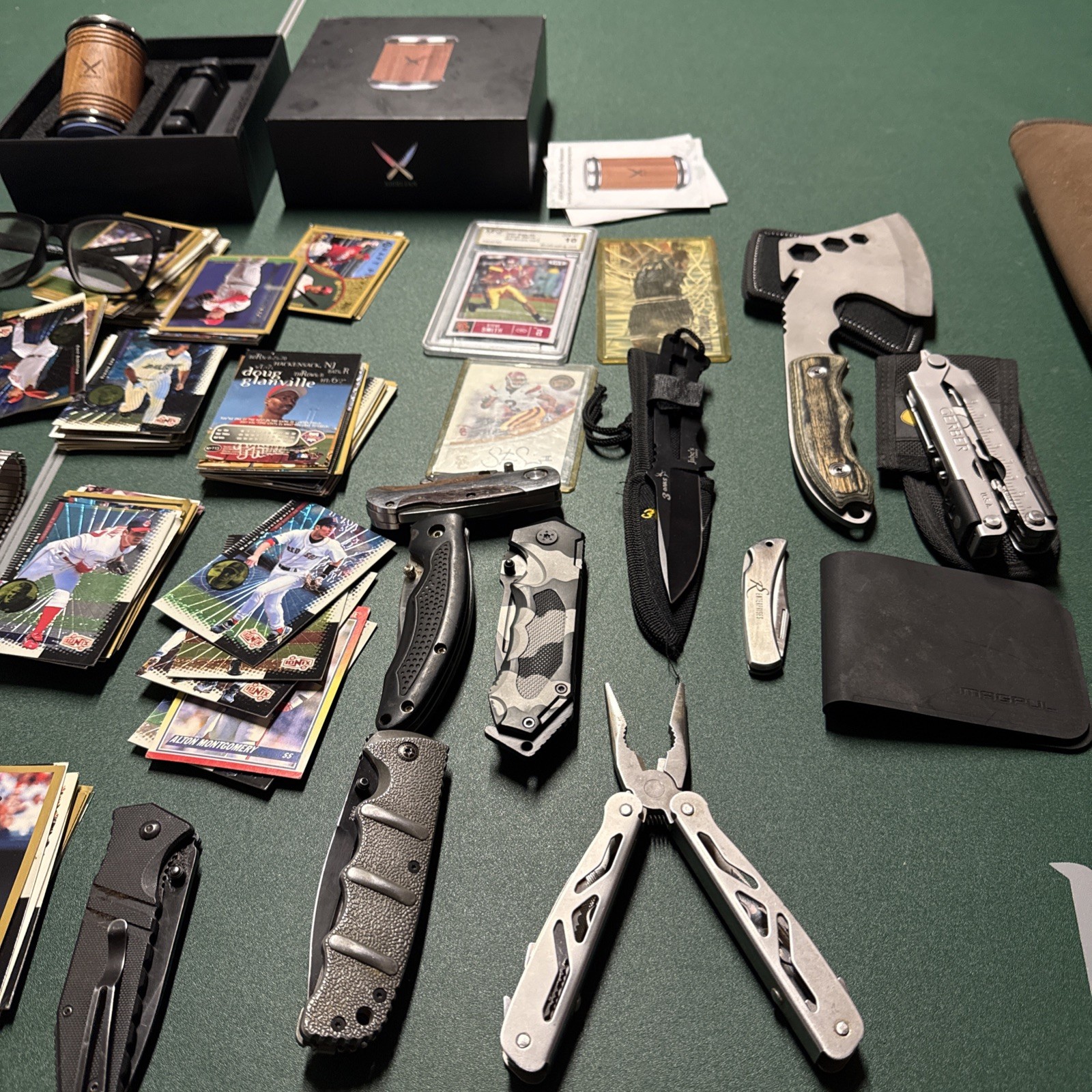 Large Junk Drawer Lot Knives Multitool Cards Stevie Smith Slab Wallet Flashligh