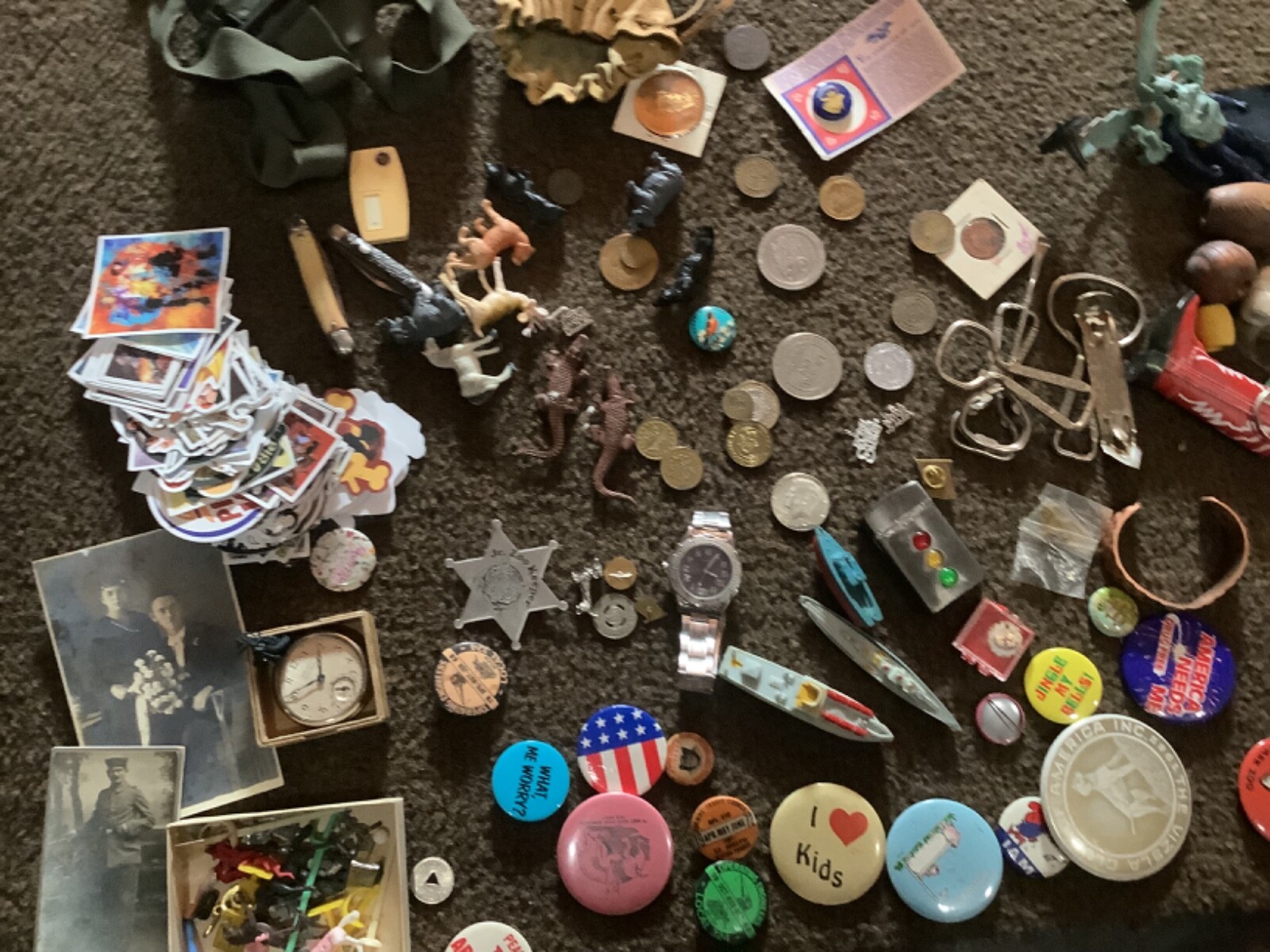 Vintage 0s junk drawer dime toys silver coin pins coins zippo knifes jewelry etc