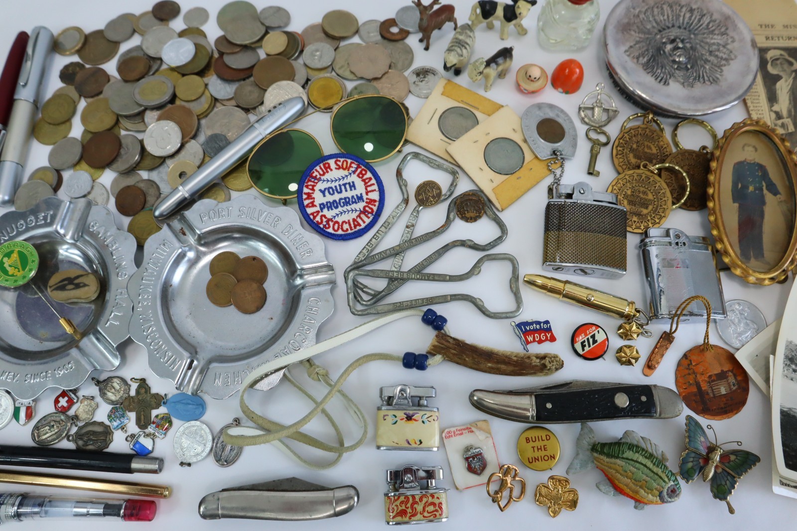 Vintage Junk Drawer Lot Estate Smalls Coins Lighters Knives Pens Ephemera Mixed
