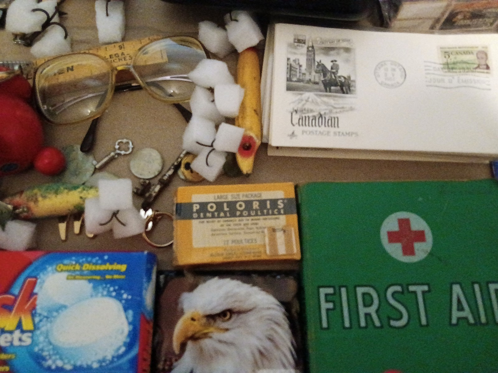Junk Drawer Lot Vintage & Modern Lures Knives Tobacciana Ephemera Eyeglasses etc