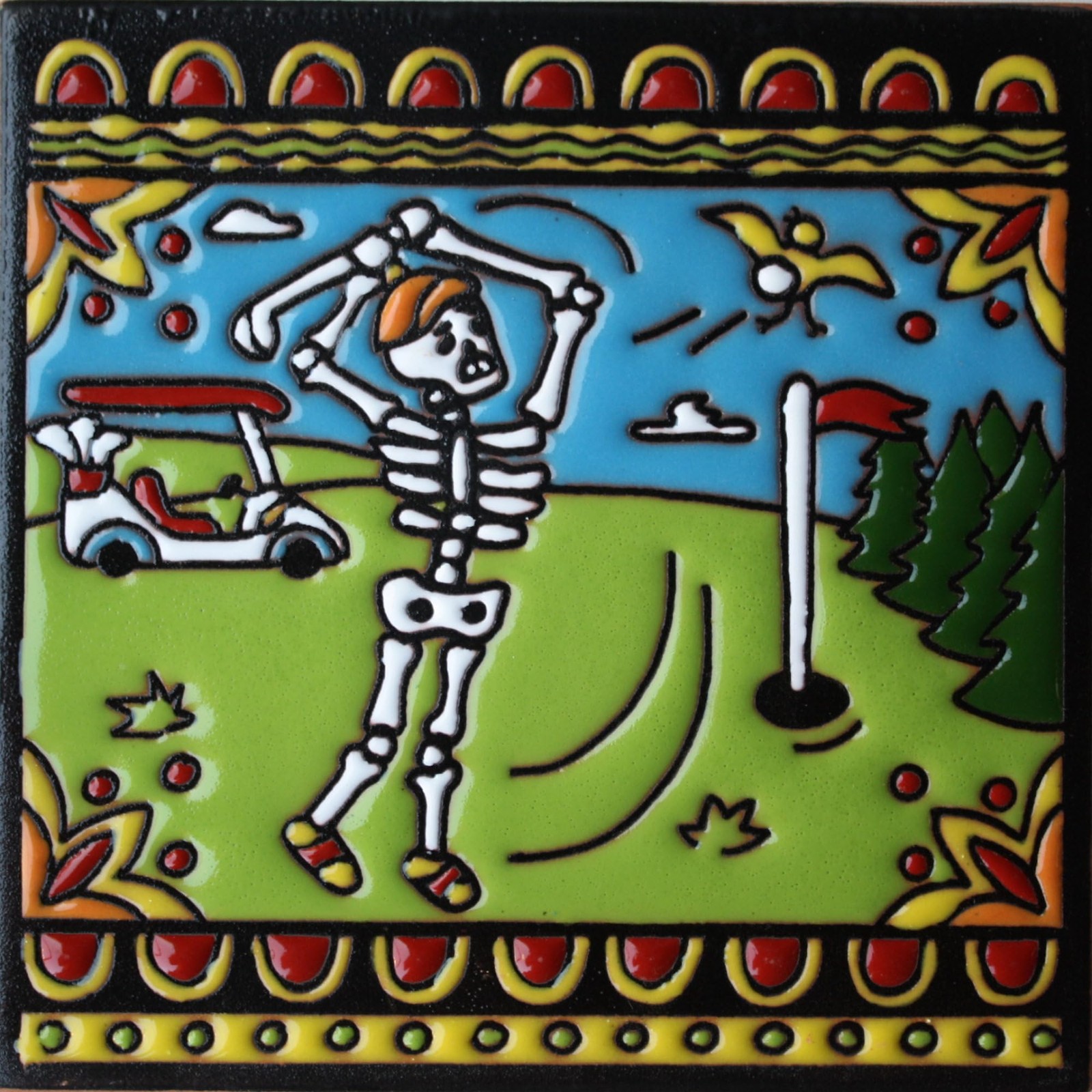 Fine Crafts Imports 6×6 Golf. Day-of-The-Dead Clay Tile