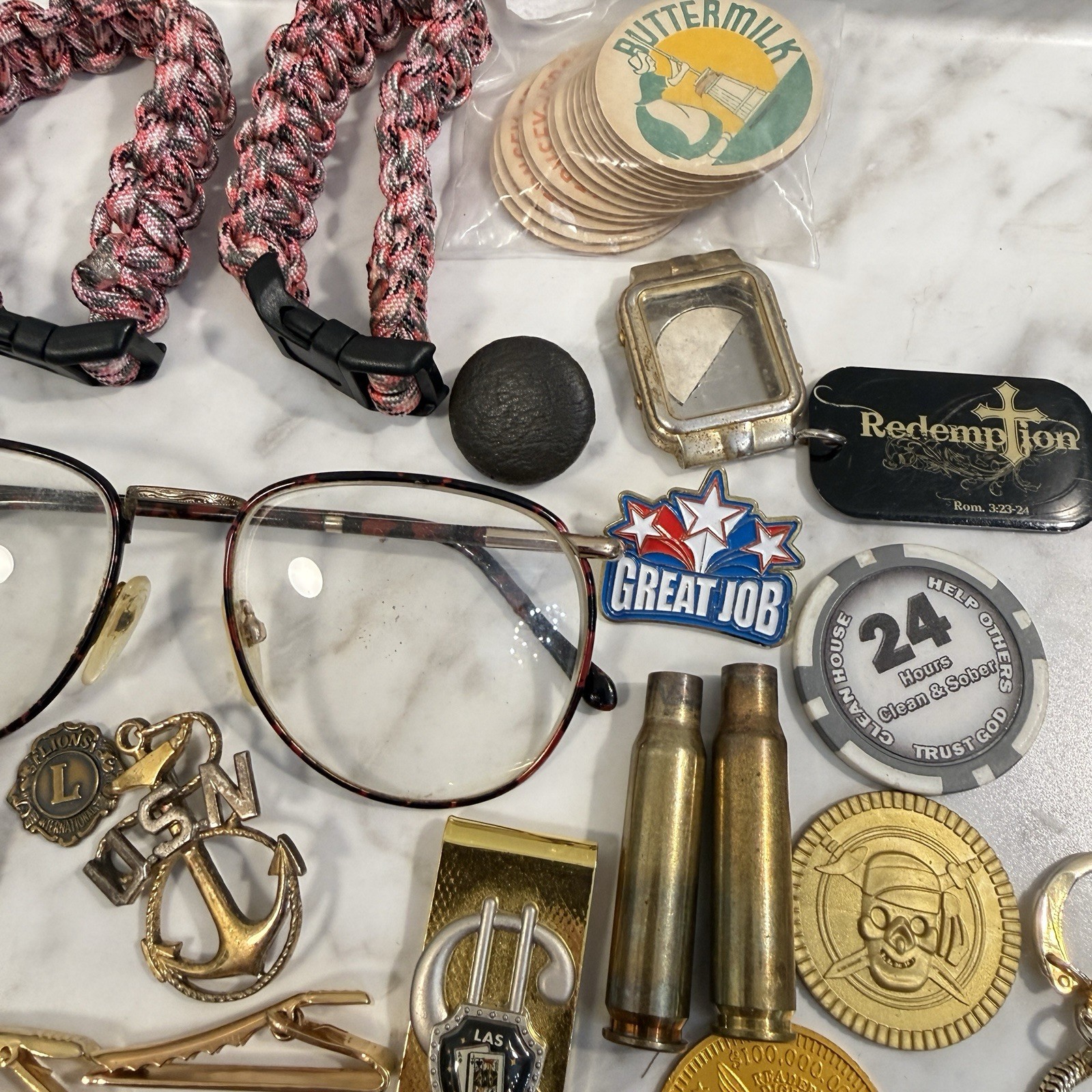 60 + pc Grandpa’s Junk Drawer Lot Collectible Keychains Coins Pins Cufflinks