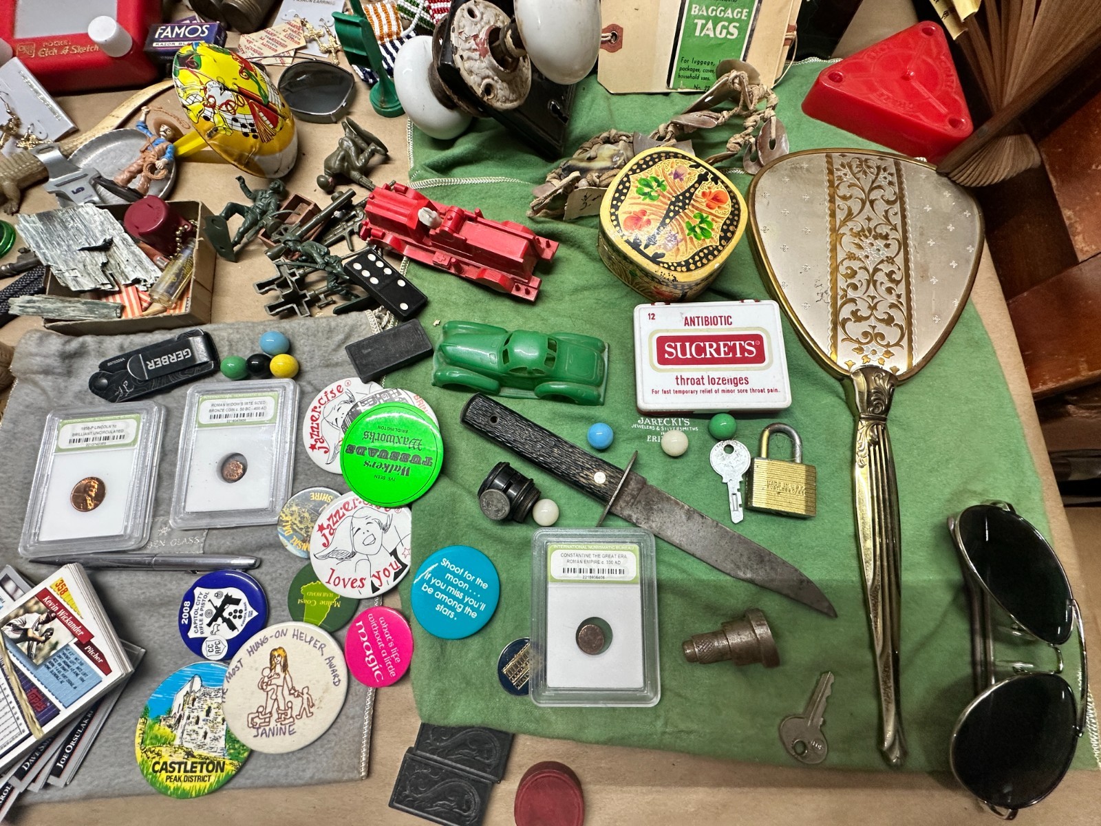 Junk Drawer Lot #4 – Random Antique Vintage Smalls – Advertising, Coins, Toys