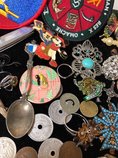 Junk Drawer Lot estate coins pins silverplated stopper keys pendant brooch rings