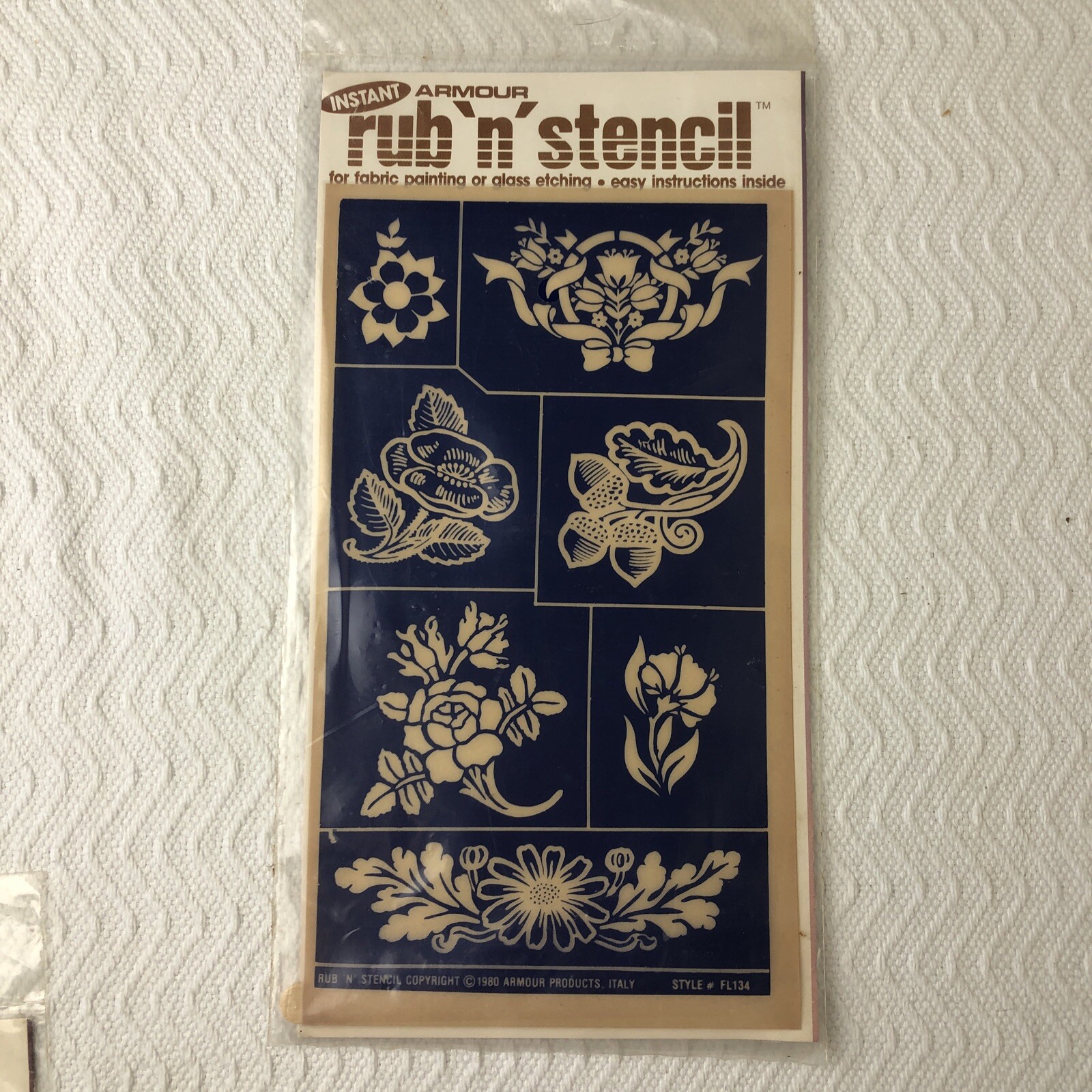 6 Vintage Armour Rub ‘n’ Etch Glass Etching & Fabric Paint Stencils 1980 MIX NOS