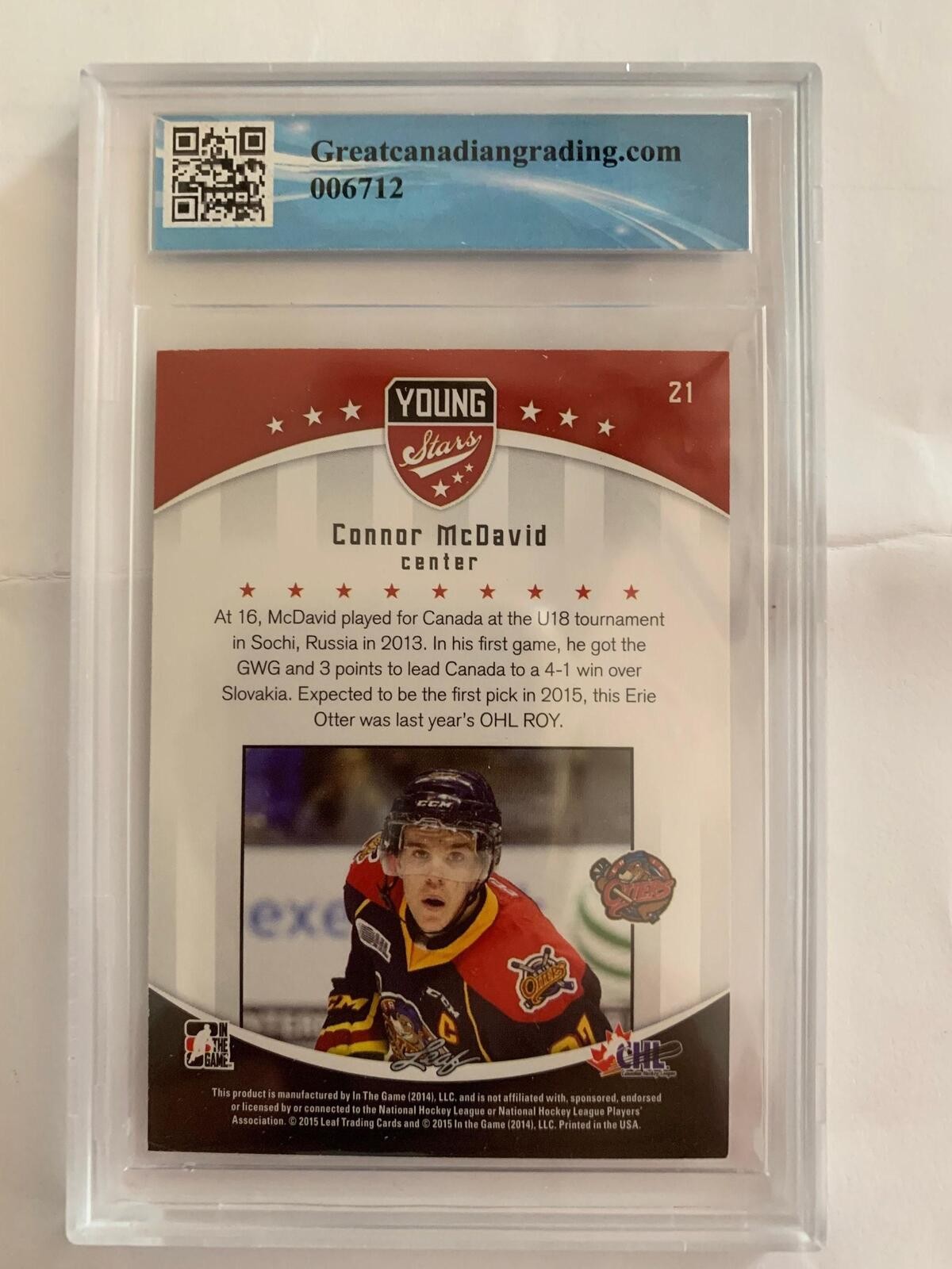 2014 15 Connor McDavid In the Game Young Stars Rookie card # 01 GCG Graded 9.5