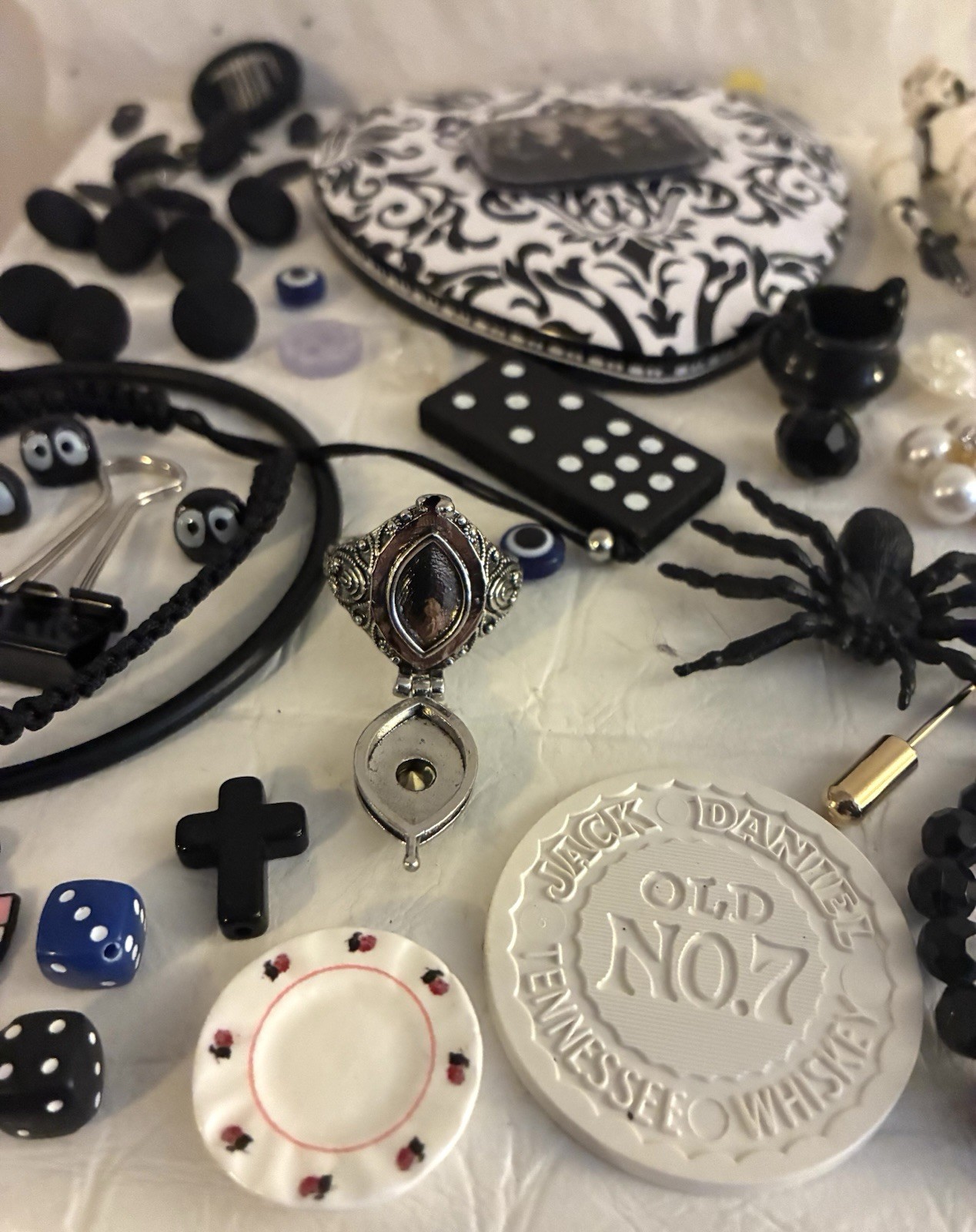 Black White Poison Ring Jewelry Charms Oddities Junk Drawer Goth Art Lot