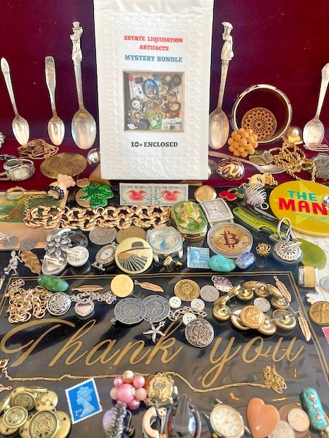 Estate Finds-Mixed smalls: Jewelry, Coins, Stamps, Watch, 10+vintage – lot A87T9