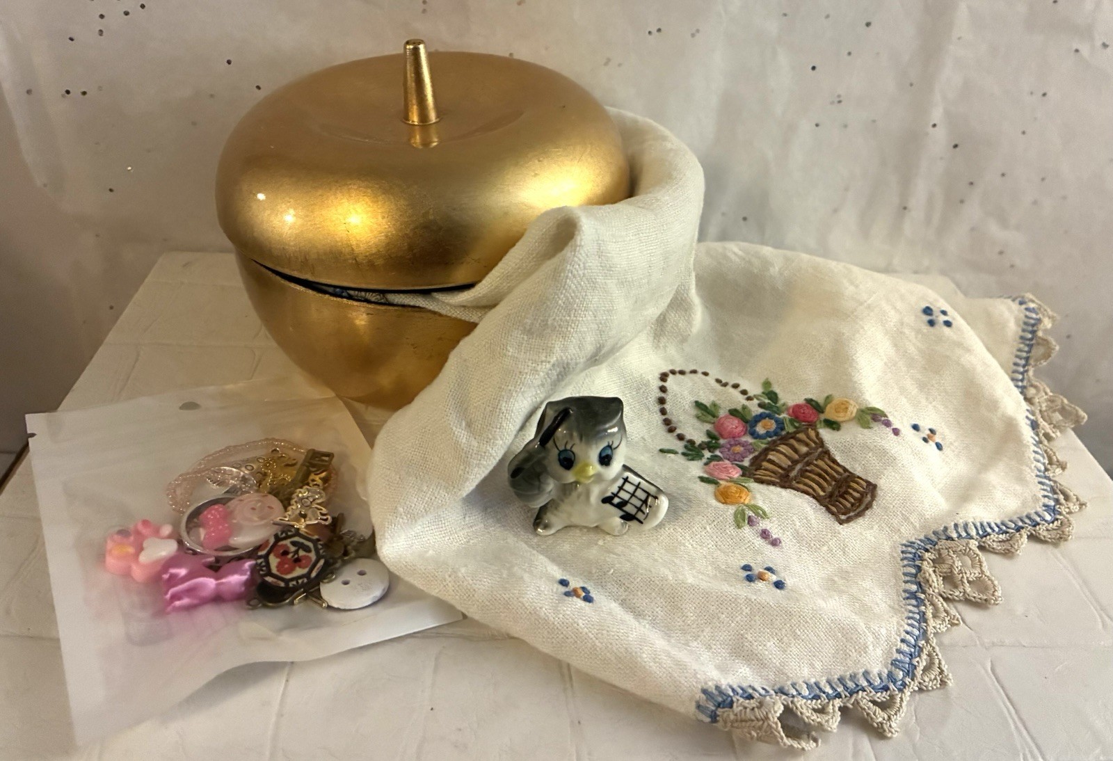 Vtg Gold Lacquer Apple Box Embroidered Dresser Scarf Charms Junk Drawer Art Lot