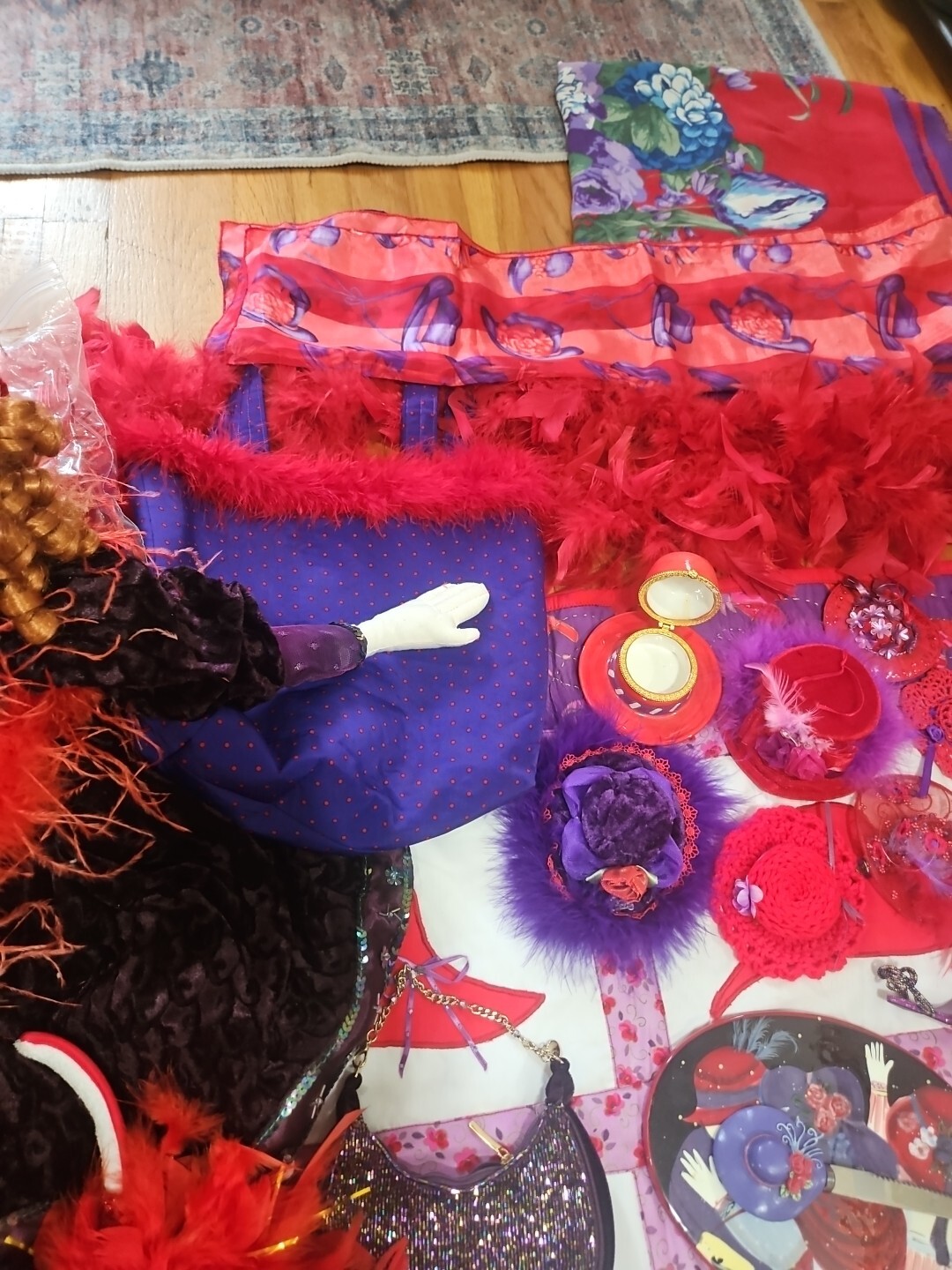Huge Lot Red Hat Society Jewellry Pins Ornaments Feather Boas Handbags Doll