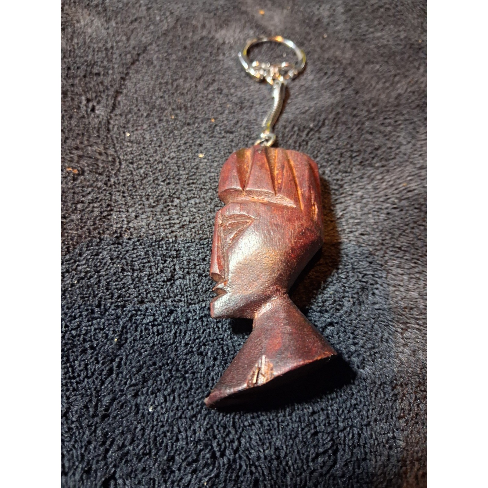 Vintage Hand Carved Wood African Bust Keychain Folk Art Tribal Style Dark Wood
