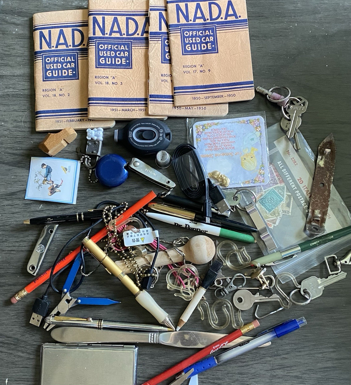 Vintage Estate JUNK DRAWER Lot Pen Knife Nada Books Metals Keys Pencils