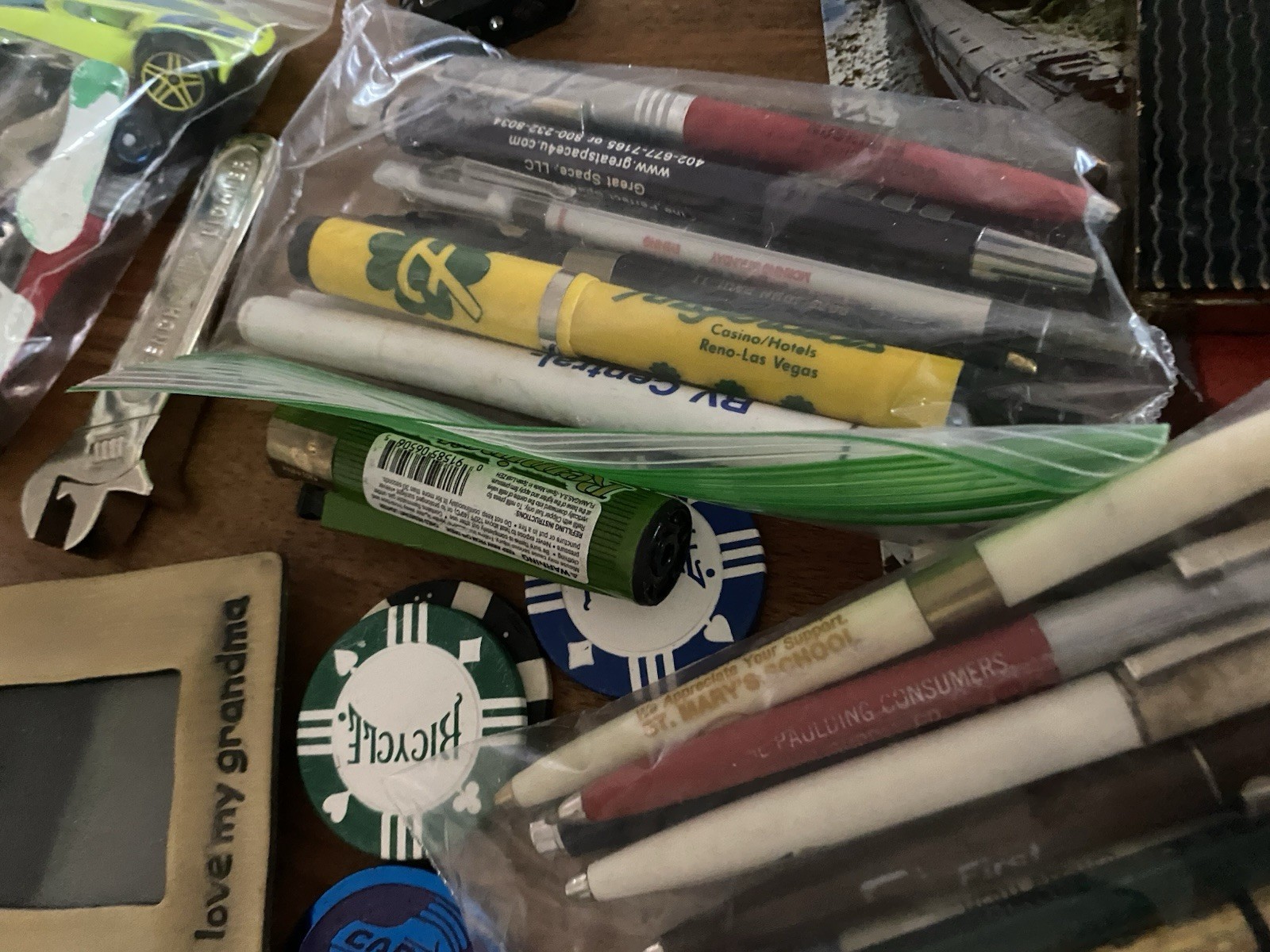 Vintage Estate JUNK DRAWER Lot Advertising Pens Lighters Toys Dice