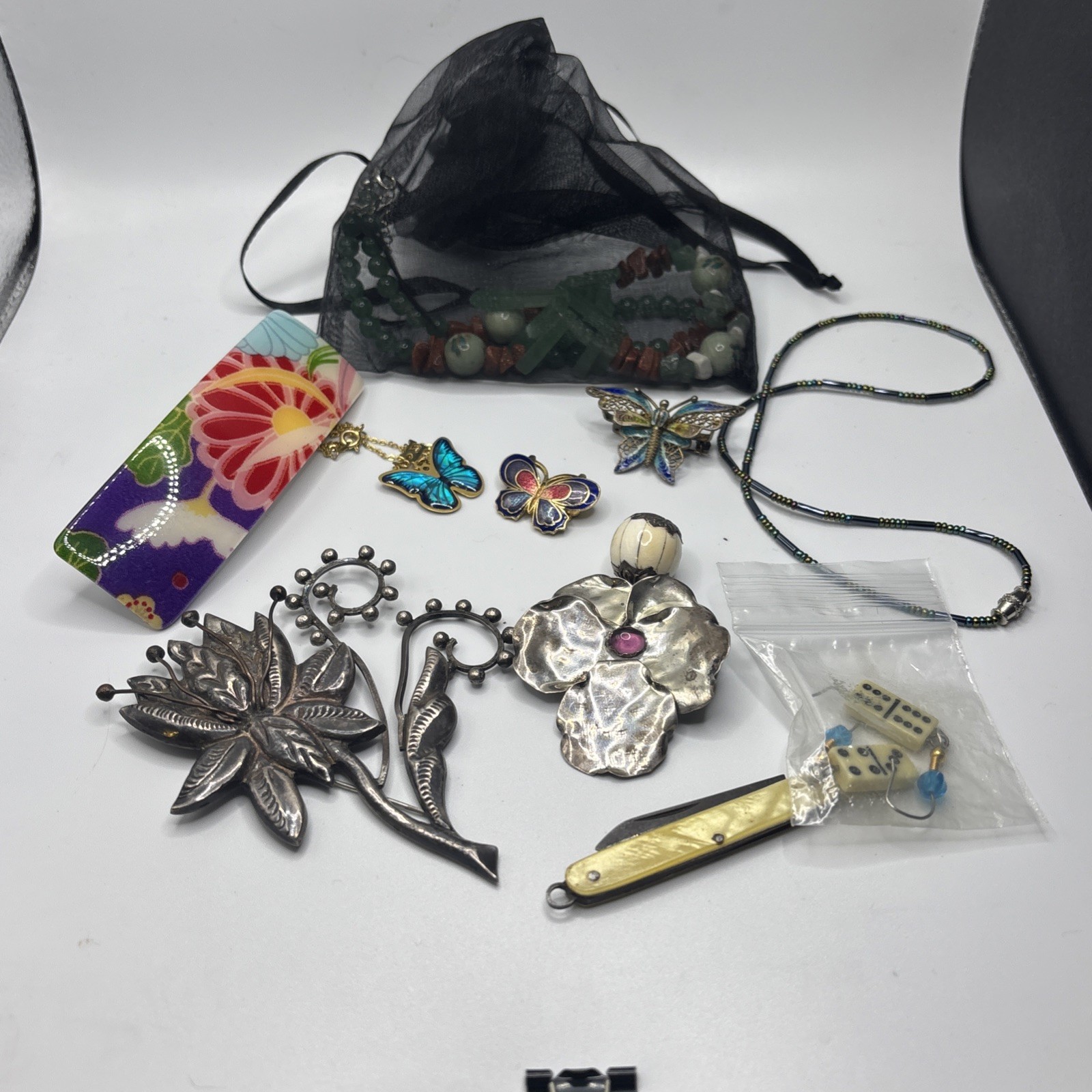 Asian Box Lot Of Collectibles- Silver, Brooches, Etc. Nice Lot!