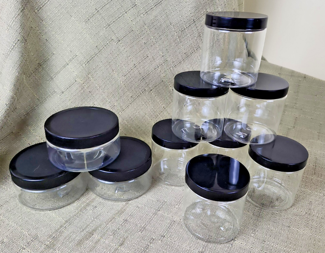 Junk Drawer Lot of 10 New Clear Plastic Containers with Black Lids, Two Sizes