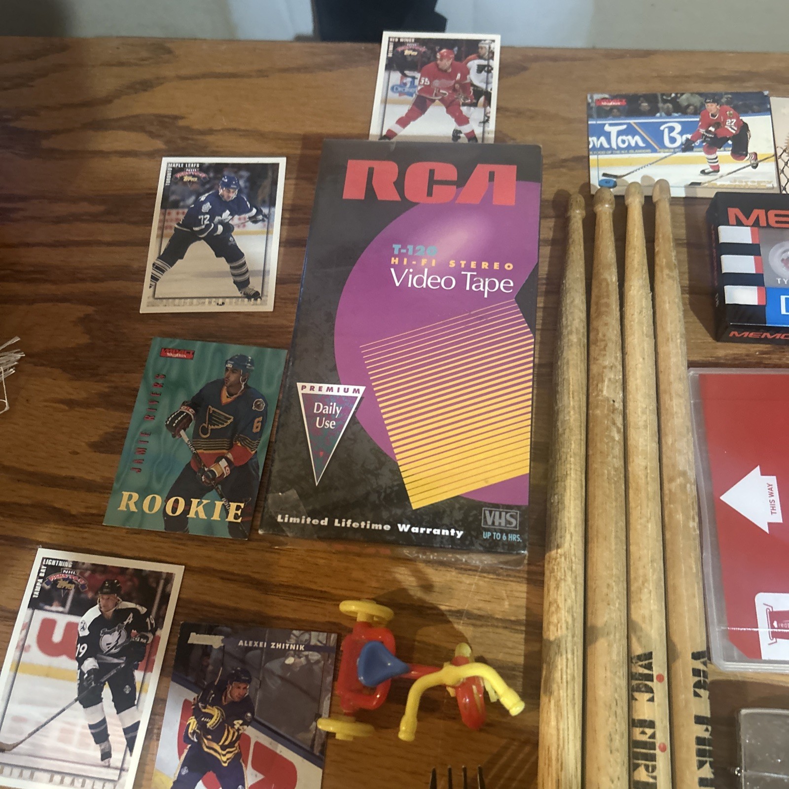 Vintage Junk Drawer Mixed Lot Stuff Zippo Wcw Drum Sticks VCR Cassette