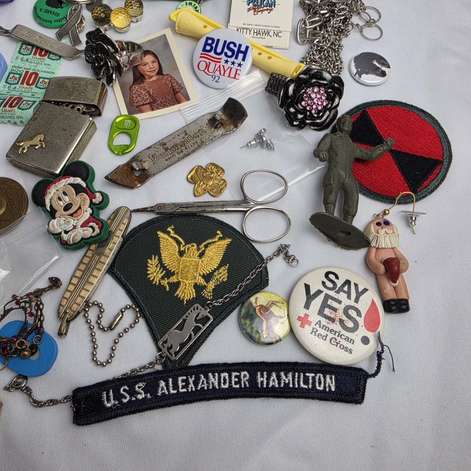 Junk Drawer Lot Toys Pins Stamps Military Coin Trinket Jewelry Patches Vintage