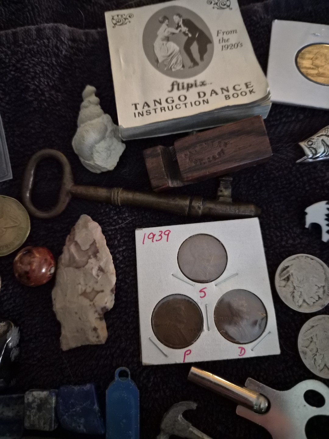 Vintage Junk Drawer – Coins, Arrowheads, Fossils, Knives Compass, & Collectibles